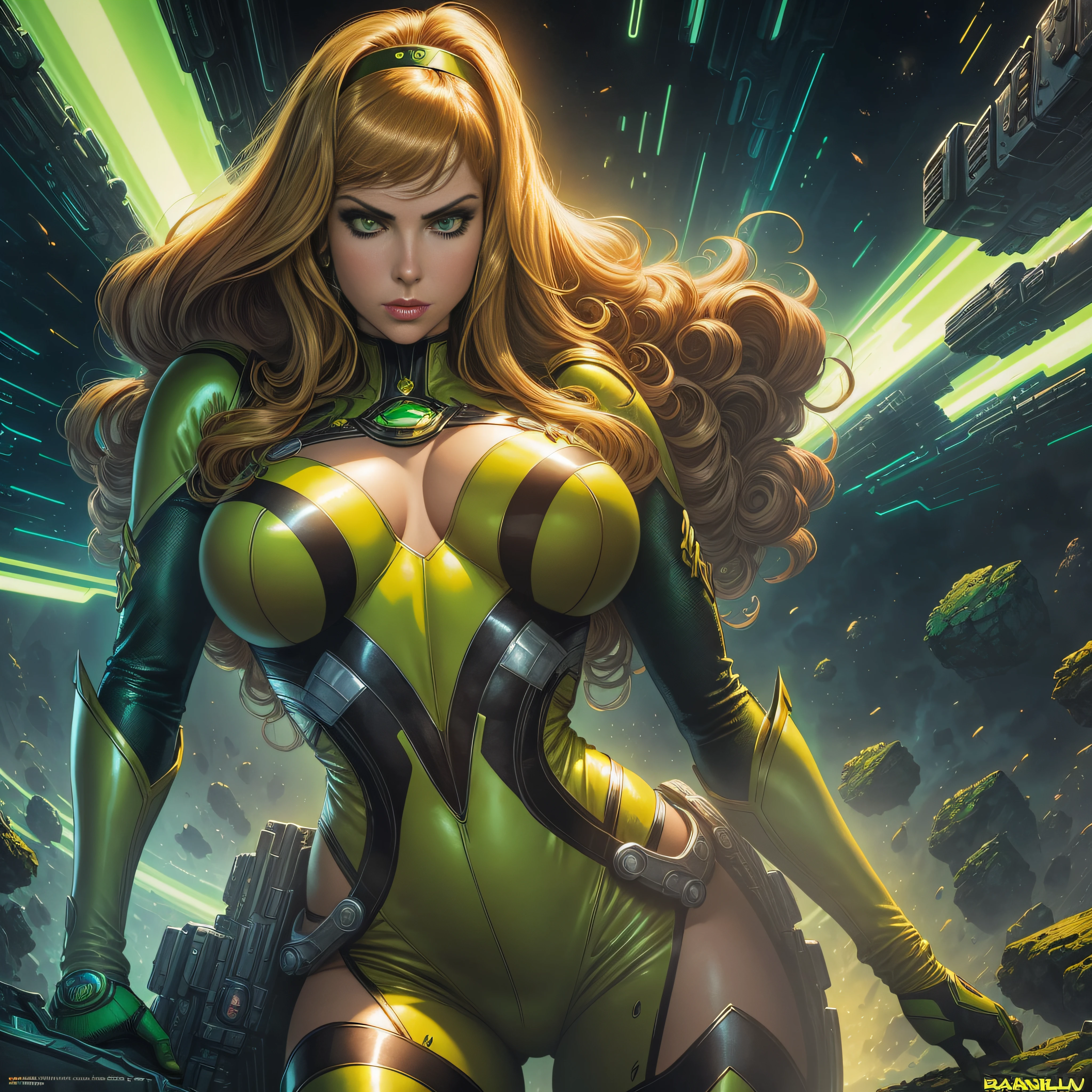Close up portrait of woman in green and yellow costume, Heavy Metal Comic Cover Art, barbarella, Ash soap, Official art, panoramic widescreen view, Megadeth, Matte coloring, 1970's, syndicate(2012), Psionic, nebulas, Juan Gimenez, 1 9 7 0 seconds --auto