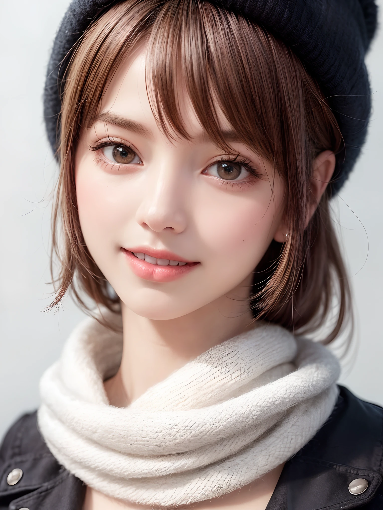 (masterpiece, top-quality、Very attractive adult beauty、Add intense highlights to the eyes),1girl in, 独奏, A dark-haired, scarf, Hats,, realisitic, looking at the viewers, black eyes of light color, shorth hair, coat, Winter clothes, White headscarf, s lips, lipgloss,bangss, The upper part of the body、big eye、Lashes)、((Road system in Italy))、((Shorthair with bangs、big eye、Put very strong highlights in your students、very Bigger breasts、gazing at viewer、Very beautiful beauty、Put your ears out、long neck、little smiling、Beautiful teeth、Open your mouth and smile))、28 year old、Very cute supermodel