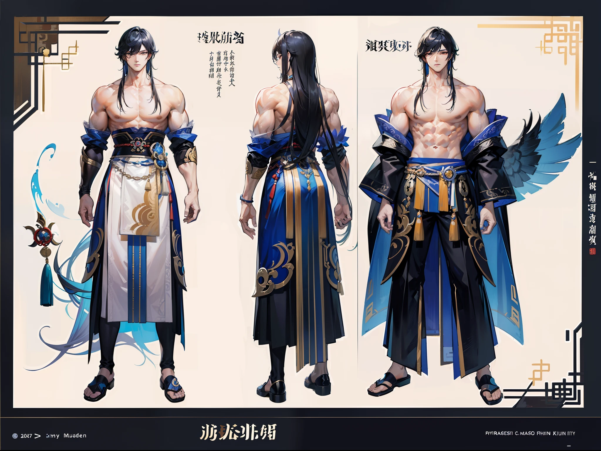 ((Masterpiece, Highest quality)), Detailed face, character design sheet， full bodyesbian, Full of details, frontal body view, back body view, Highly detailed, Depth, Many parts, Muscle boy with long black hair with long bangs，handsome man, muscle body, Traditional chinese clothes, Genshin Impact, man tall, pectoral muscles, abs