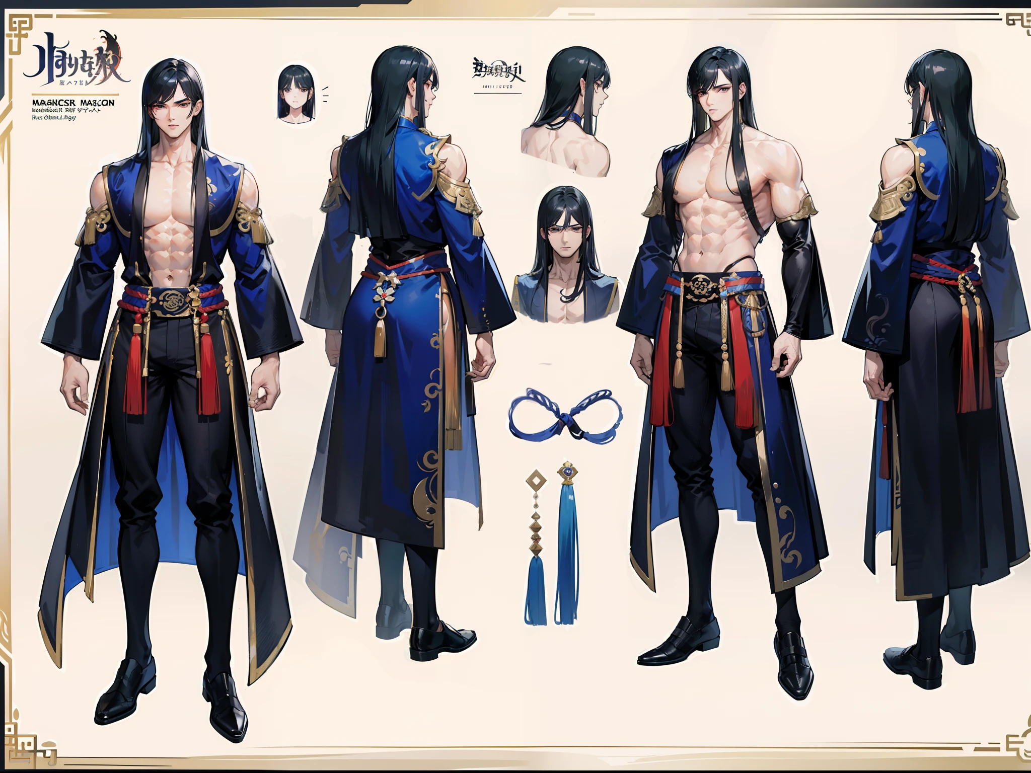 ((Masterpiece, Highest quality)), Detailed face, character design sheet, full bodyesbian, Full of details, frontal body view, back body view, Highly detailed, Depth, Many parts, Muscle boy with long blanck hair with long bangs,handsome man, muscle body, navy, commander, man tall