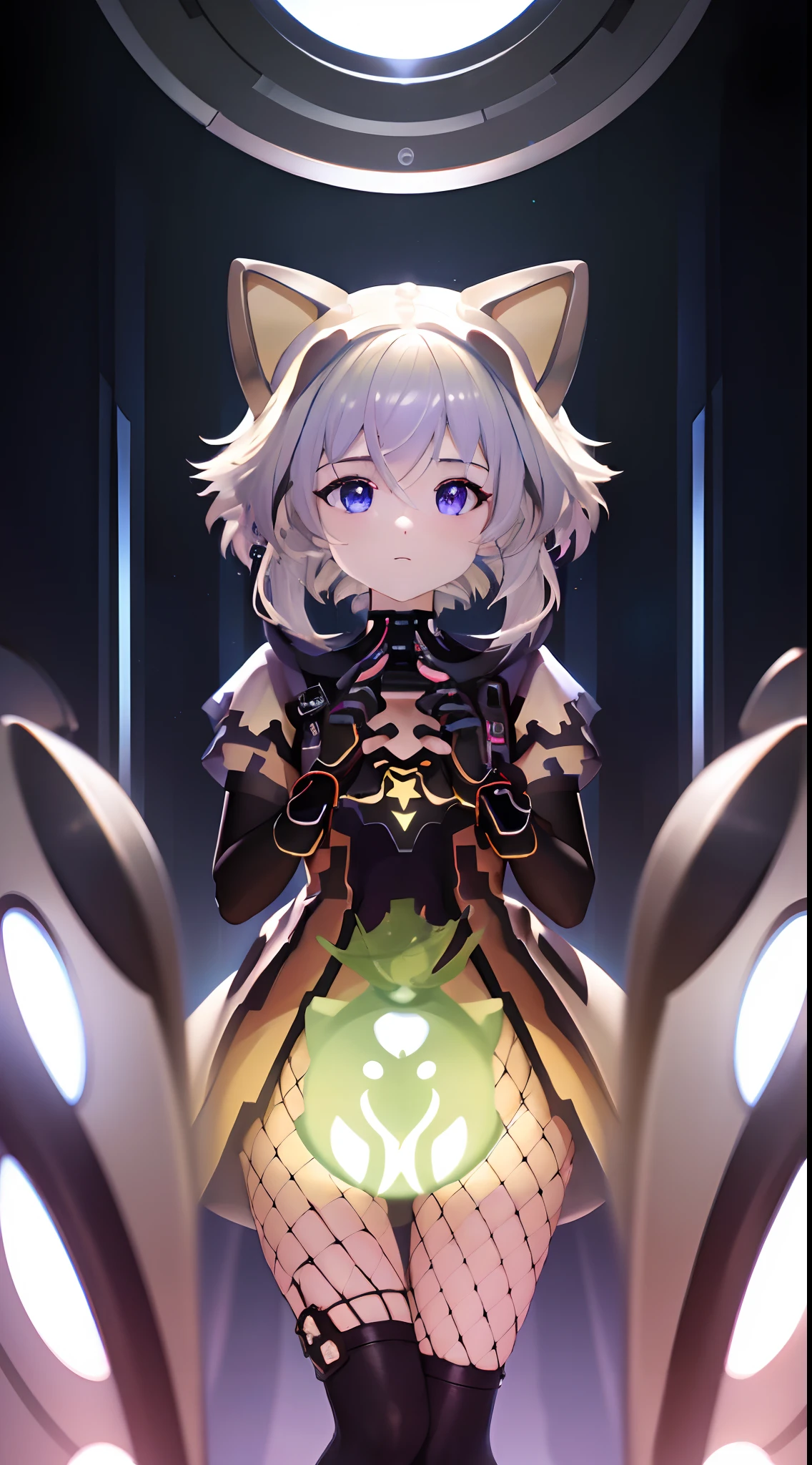 (masterpiece, best quality, high res, absurdres, ultra-detailed:1.3), 1 girl, (tron, cybers pace, techno, cyberpunk, (((blonde hair))), yellow and light green neon light rays, synthwave, iridescent, holographic, hdr: 1.6, beige hood, animal ears), (prpdef1, cowboy shot:1.3), perfect hands, perfect eyes, perfect body, intricate details