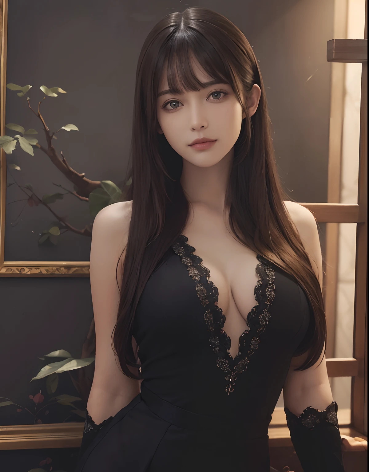(hyperrealistic) , (illustration), (increase resolution), (8K), (extremely detailed), (best illustration), (beautiful detailed eyes), (best quality), (ultra-detailed), (masterpiece), ( wallpaper), (detailed face), solo, 1 girl, looking at the audience, exquisite details, detailed face, in the dark, dark shadow, low-key,pureerosfaceace_v1, smile, long hair, straight hair, 46 minutes oblique bangs, exposed clothes, Sexy pose, full body photo, open chest