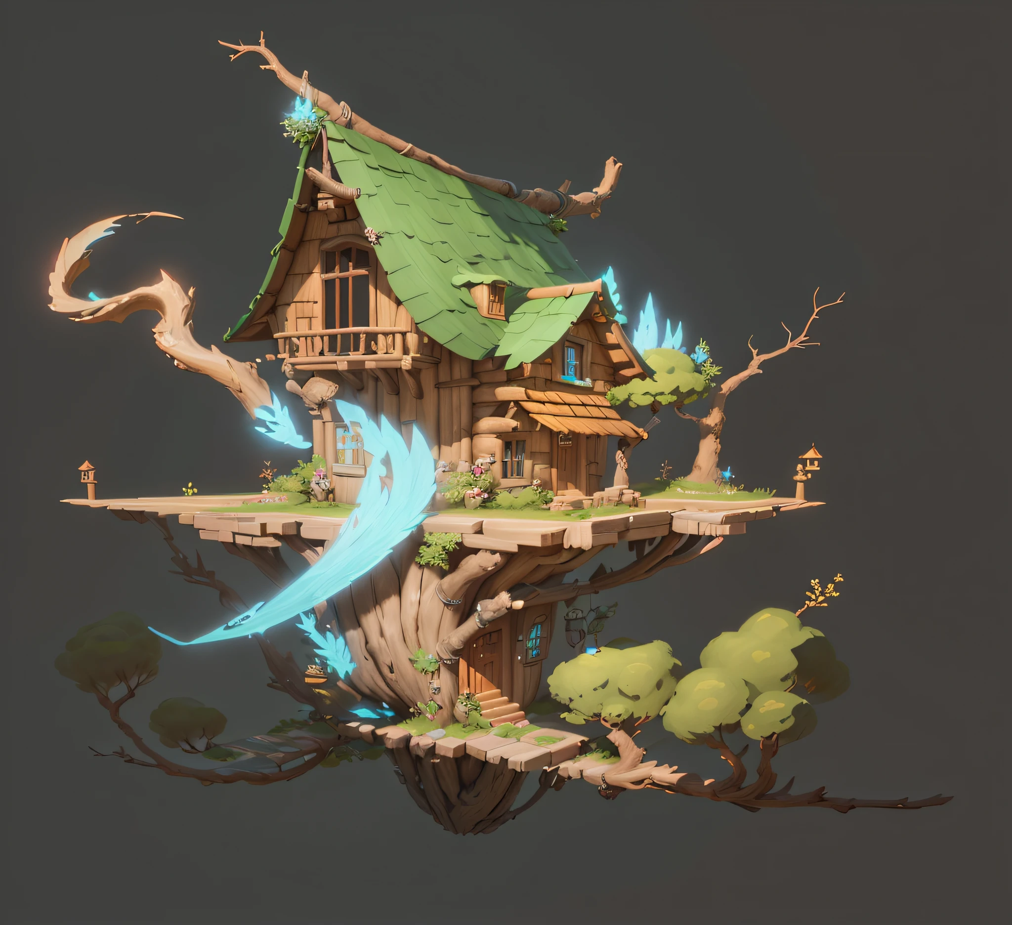 Close-up of the tree house,A bird flies around it, Stylized concept art, fantasy house, magical fantasy 2 d concept art, painted as a game concept art, 3 d render stylized, fantasy game art style, Isometric 3d fantasy cute house, cyberpunk tree house, Stylized game art, Detailed digital 2D fantasy art, elves house,Station A trend