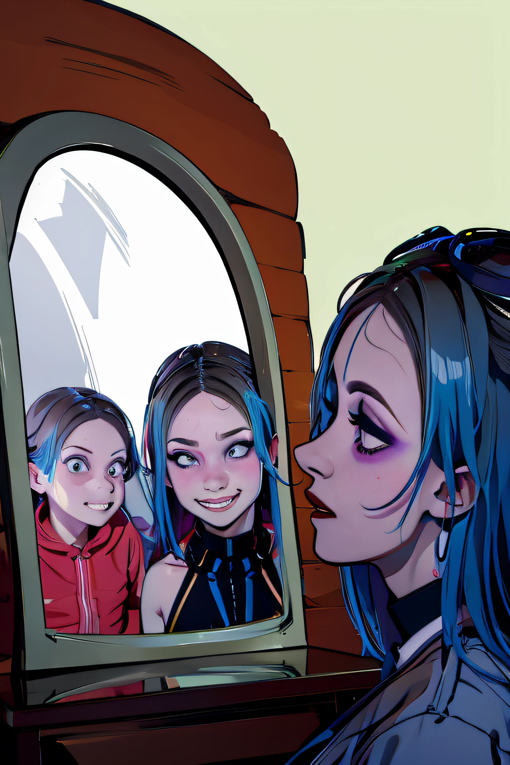 making different expression at mirror, surreal background