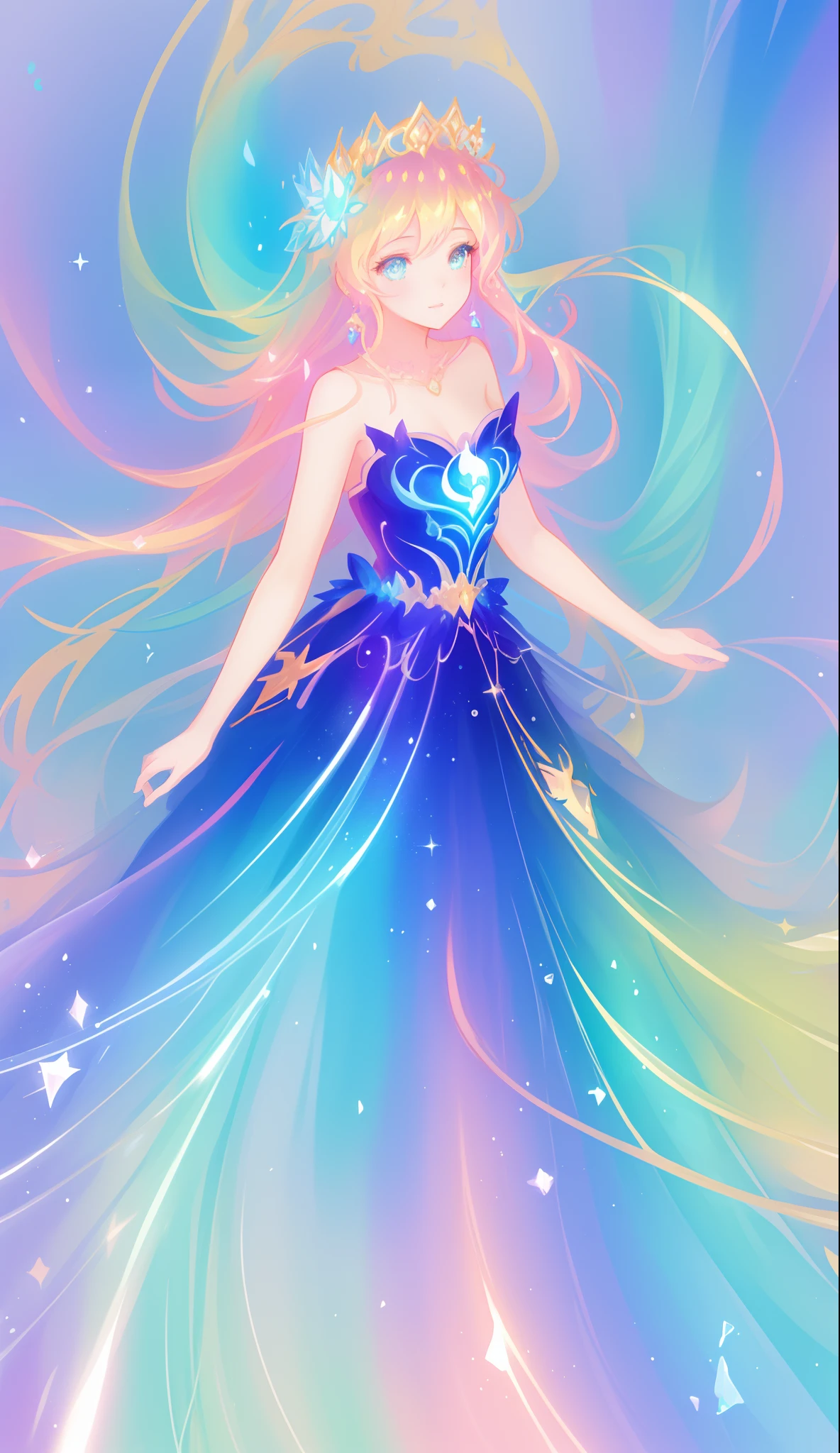 beautiful girl, puffy tiered ballgown, vibrant pastel colors, (colorful), glowing golden long hair, magical lights, sparkling magical liquid, inspired by Glen Keane, inspired by Lois van Baarle, disney art style, by Lois van Baarle, glowing aura around her, by Glen Keane, jen bartel, glowing lights! digital painting, flowing glowing hair, glowing flowing hair, beautiful digital illustration, fantasia background, whimsical, magical, fantasy, ((beautiful face)), ((masterpiece, best quality)), intricate details, highly detailed, sharp focus, 8k resolution, sparkling detailed eyes, liquid watercolor