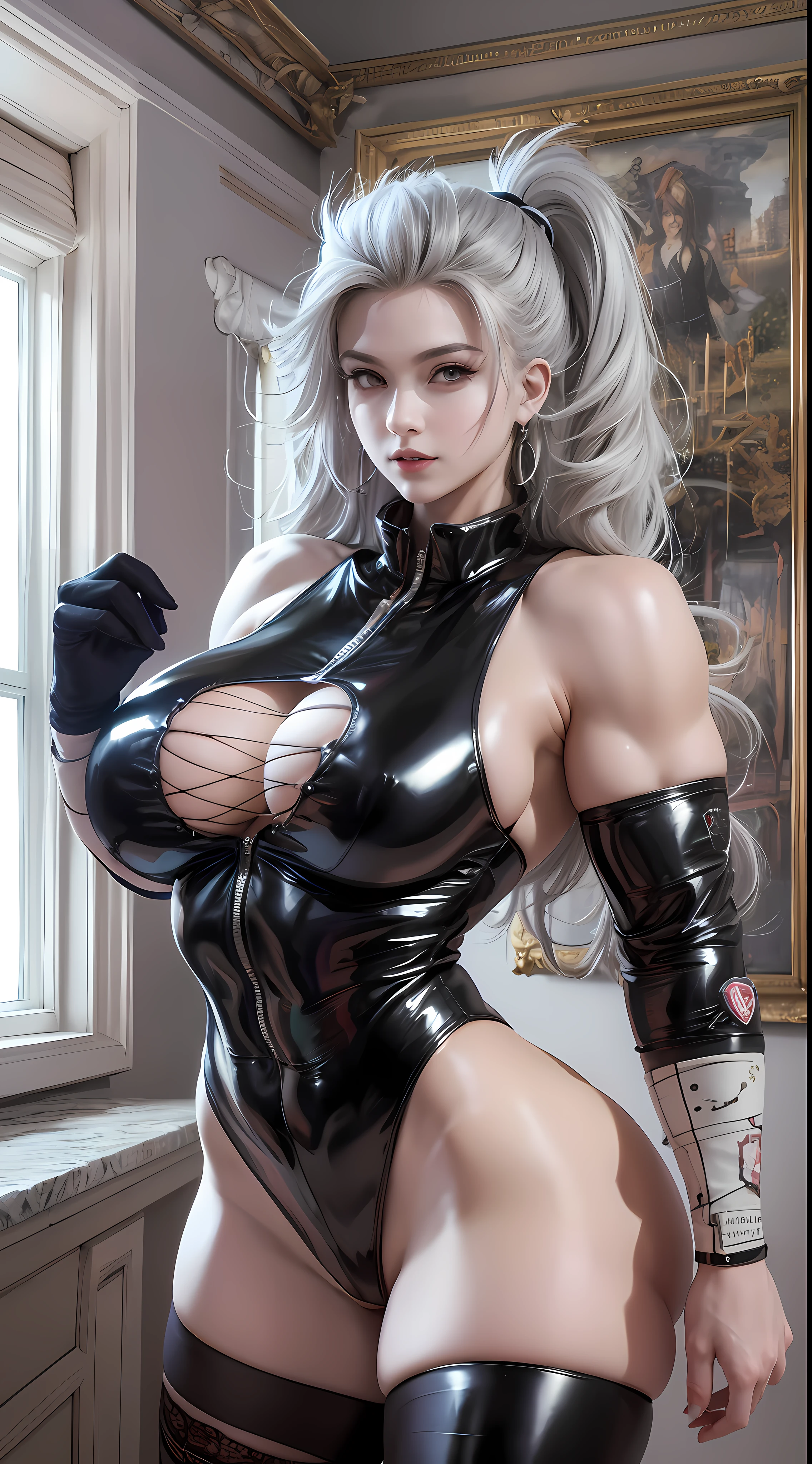 (high quality, masterpiece, best quality, high art), albedo, solo, venusbody, noi_dorohedoro, highres, sharp focus, pixiv masterpiece, ((intricate details)), highly detailed, upper body, 1girl, long hair, muscular, jacket, purple track suit, looking at viewer 8k, uhd, unreal engine render, huge breasts,