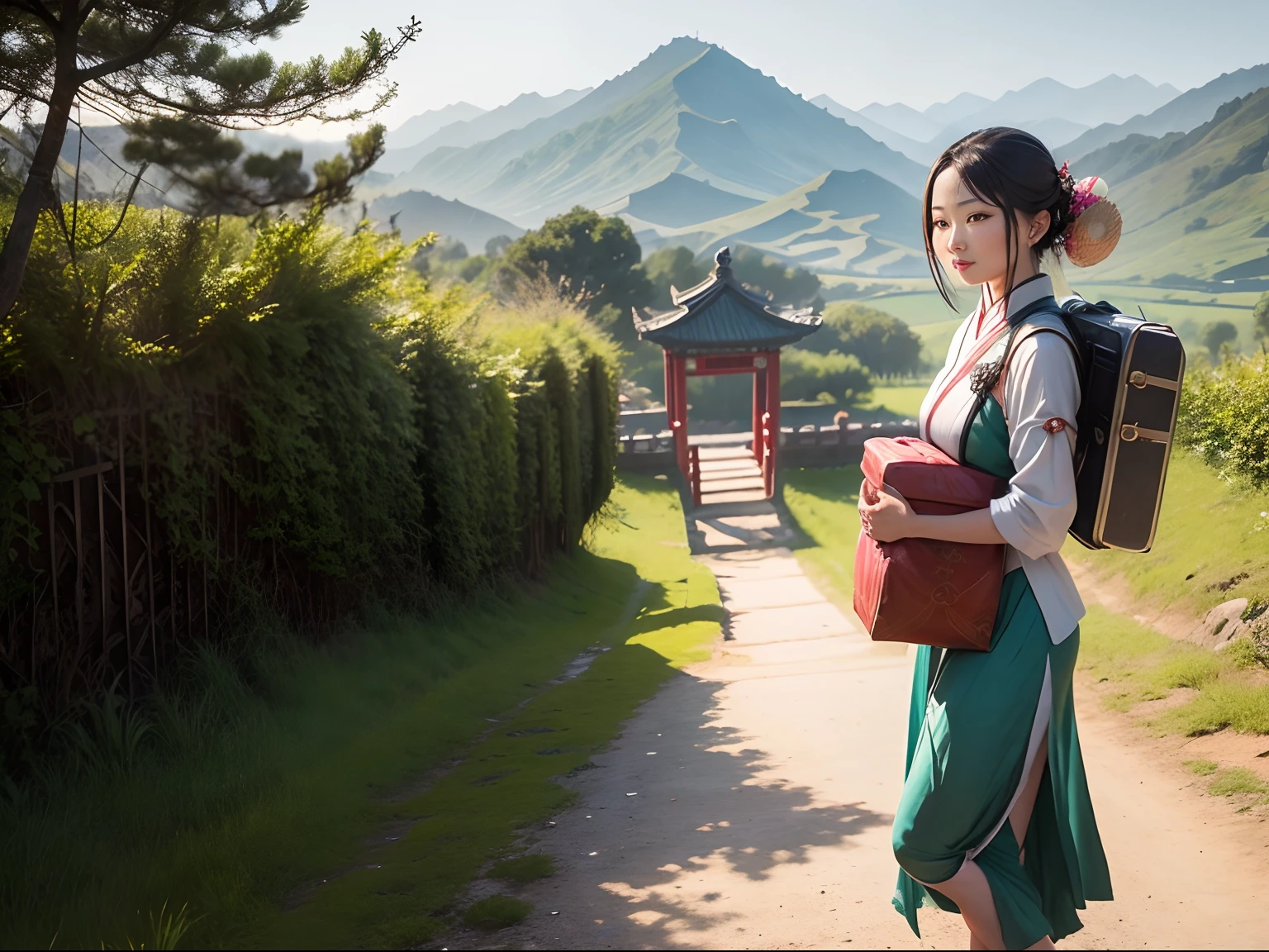 An ancient Chinese beauty, holding a baggage in her arms, is walking in the countryside