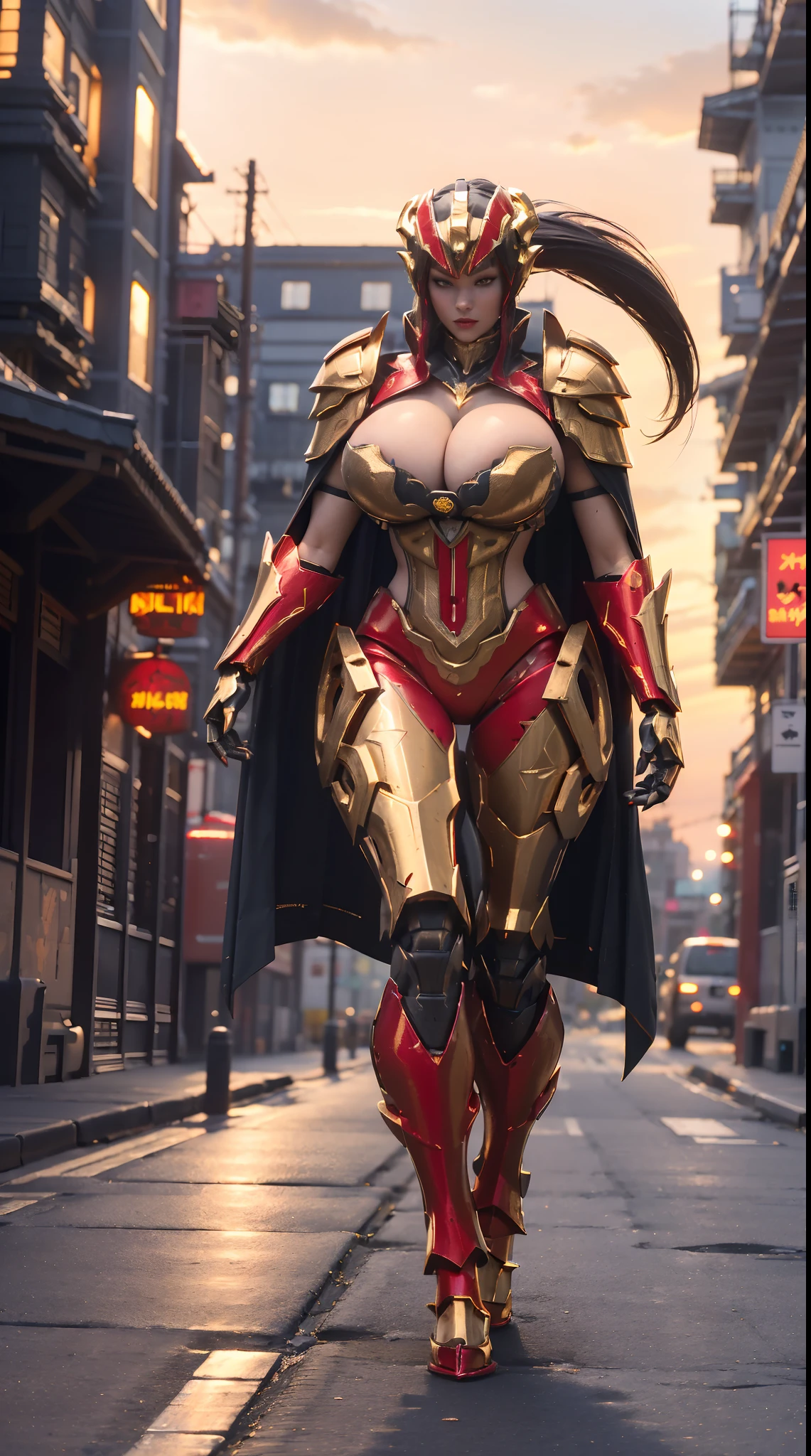 1GIRL, SOLO, ssmile, (ponytail hair, Dragon queen, helmet), (HUGE FAKE BOOBS:1.3), (red, black, gold, FUTURISTIC DRAGON MECHA ARMOR SUIT, ROYAL CAPE, CLEAVAGE:1.5), (SKINTIGHT YOGA PANTS, HIGH HEELS:1.2), (NSFW GLAMOROUS BODY, SEXY LONG LEGS, FULL BODY:1.3), (FROM FRONT, LOOKING AT VIEWER:1), (WALKING DOWN ON STREET NIGHT CITY:1.3), PHYSICALLY-BASED RENDERING, ULTRA HIGHT DEFINITION, 8K, 1080P.
