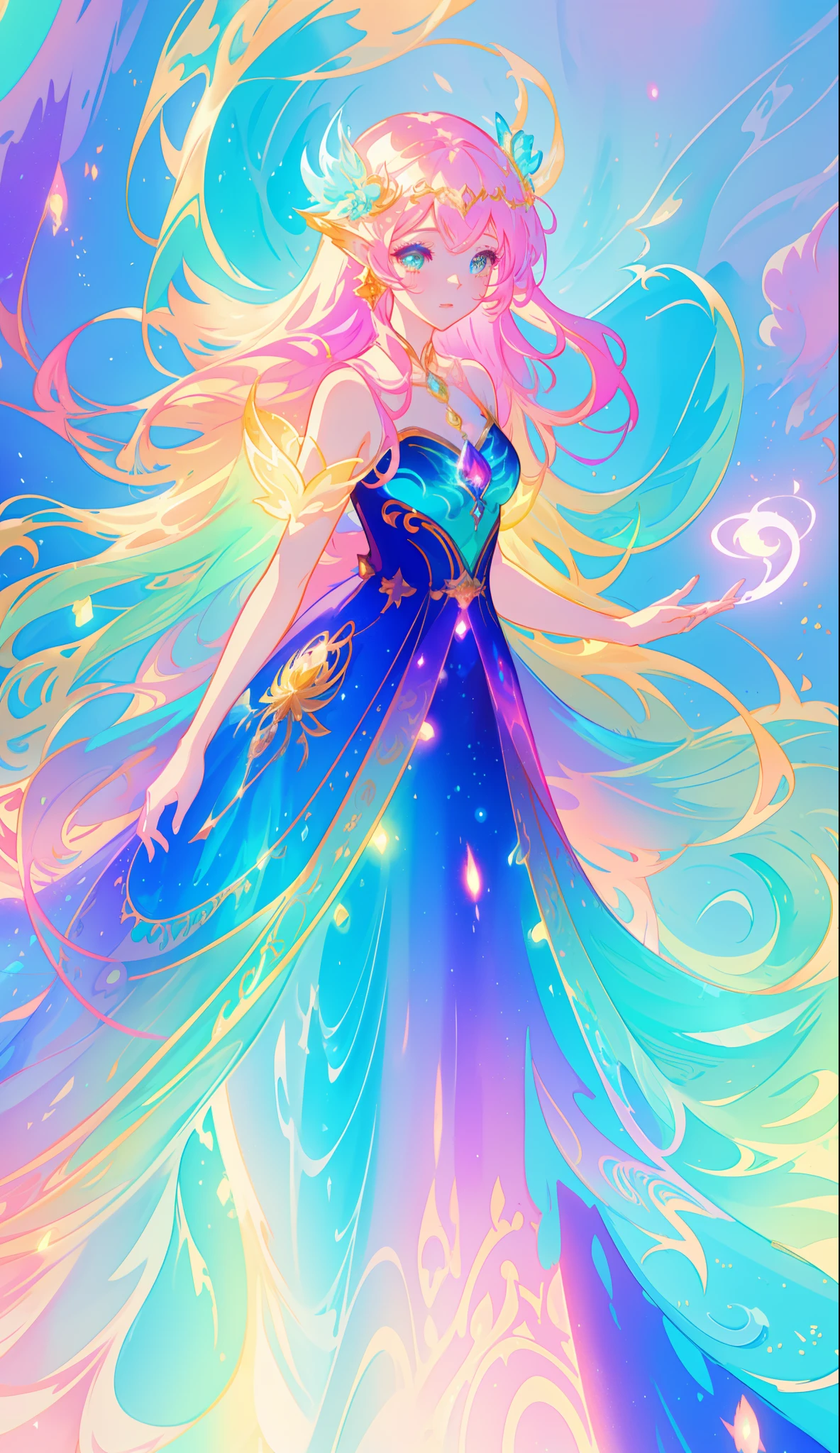 beautiful girl, puffy tiered ballgown, vibrant pastel colors, (colorful), glowing golden long hair, magical lights, sparkling magical liquid, inspired by Glen Keane, inspired by Lois van Baarle, disney art style, by Lois van Baarle, glowing aura around her, by Glen Keane, jen bartel, glowing lights! digital painting, flowing glowing hair, glowing flowing hair, beautiful digital illustration, fantasia background, whimsical, magical, fantasy, ((beautiful face)), ((masterpiece, best quality)), intricate details, highly detailed, sharp focus, 8k resolution, sparkling detailed eyes, liquid watercolor