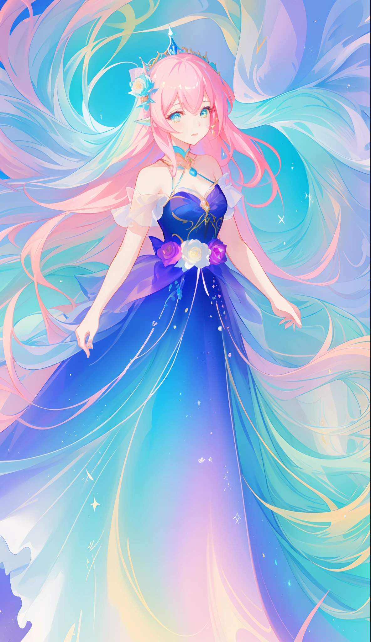 beautiful girl, puffy tiered ballgown, vibrant pastel colors, (colorful), glowing golden long hair, magical lights, sparkling magical liquid, inspired by Glen Keane, inspired by Lois van Baarle, disney art style, by Lois van Baarle, glowing aura around her, by Glen Keane, jen bartel, glowing lights! digital painting, flowing glowing hair, glowing flowing hair, beautiful digital illustration, fantasia background, whimsical, magical, fantasy, ((beautiful face)), ((masterpiece, best quality)), intricate details, highly detailed, sharp focus, 8k resolution, sparkling detailed eyes, liquid watercolor