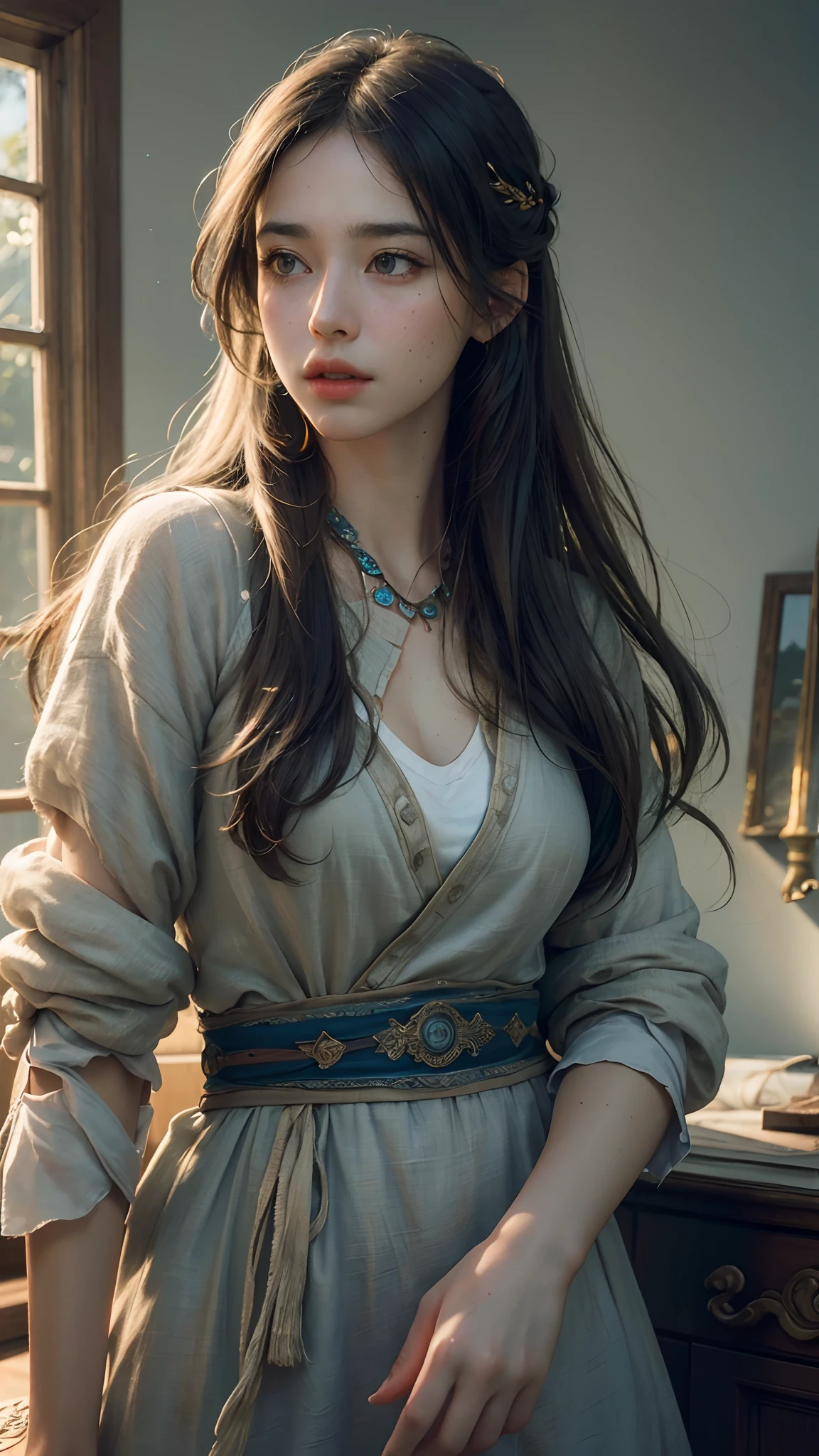 (RAW photo, best quality), (realistic, photo-realistic:1.3),best quality,highly detailed,masterpiece,ultra-detailed,illustration,1girl,upper_body,dynamic angle,world masterpiece theater,messy_long_hair,best quality,extremely detailed CG unity 8k wallpaper,ink,Amazing,cinematic lighting,lens_flare,,dunhuang_style