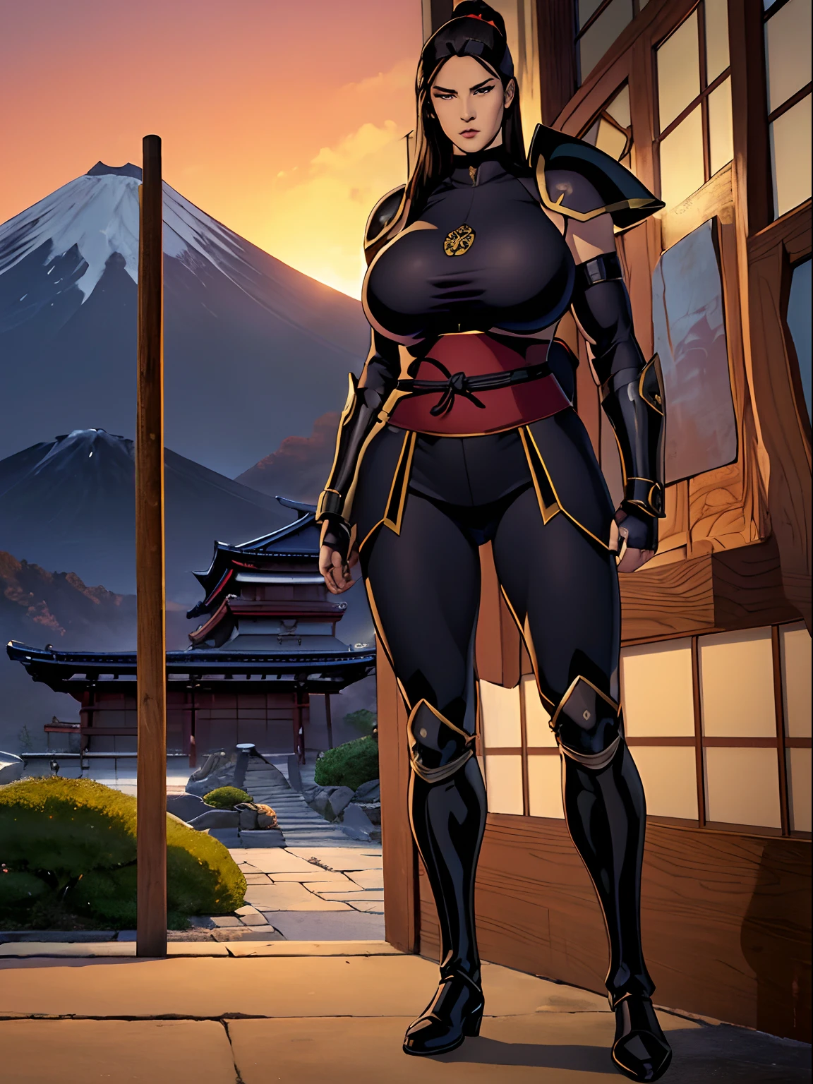 (masterpiece, top quality, best quality, official art, beautiful and aesthetic:1.2), (1girl:1.3), hot Japanese girl, pornstar face, dark brown hair in a tight bun, extremely detailed, portrait, looking at viewer, solo, (full body:0.6), detailed background, close up, (warm summer Feudal Japan theme:1.1), samurai, charlatan, mysterious, standing in a garden, samurai armor, samurai helmet, crest, pauldrons, hip armor, breastplate, greaves, bracers, gloves, katana, banner, metal, black leather, breeches, leggings, loose pants, bracers, armor, gauntlets, boots, buckles, straps, ((((gigantic breasts)))), slim waist, slim hips, long legs, sunset, Feudal Japan, Mount Fuji, (Japanese garden exterior:1.1) background, dark mysterious lighting, shadows, magical atmosphere, dutch angle,
