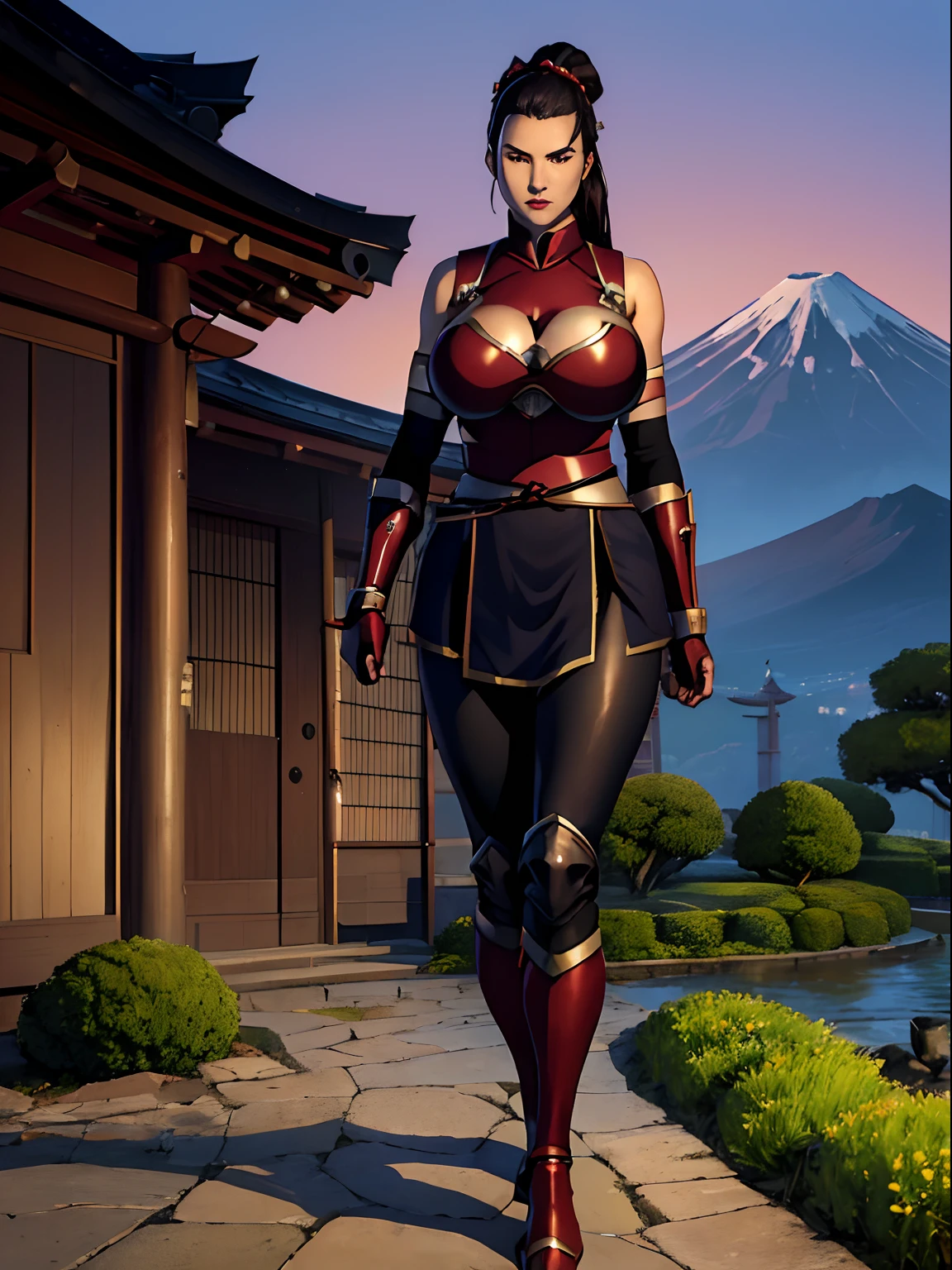 (masterpiece, top quality, best quality, official art, beautiful and aesthetic:1.2), (1girl:1.3), hot Japanese girl, pornstar face, dark brown hair in a tight bun, extremely detailed, portrait, looking at viewer, solo, (full body:0.6), detailed background, close up, (warm summer Feudal Japan theme:1.1), samurai, charlatan, mysterious, standing in a garden, samurai armor, samurai helmet, crest, pauldrons, hip armor, breastplate, greaves, bracers, gloves, katana, banner, metal, black leather, breeches, leggings, loose pants, bracers, armor, gauntlets, boots, buckles, straps, ((((gigantic breasts)))), slim waist, slim hips, long legs, sunset, Feudal Japan, Mount Fuji, (Japanese garden exterior:1.1) background, dark mysterious lighting, shadows, magical atmosphere, dutch angle,