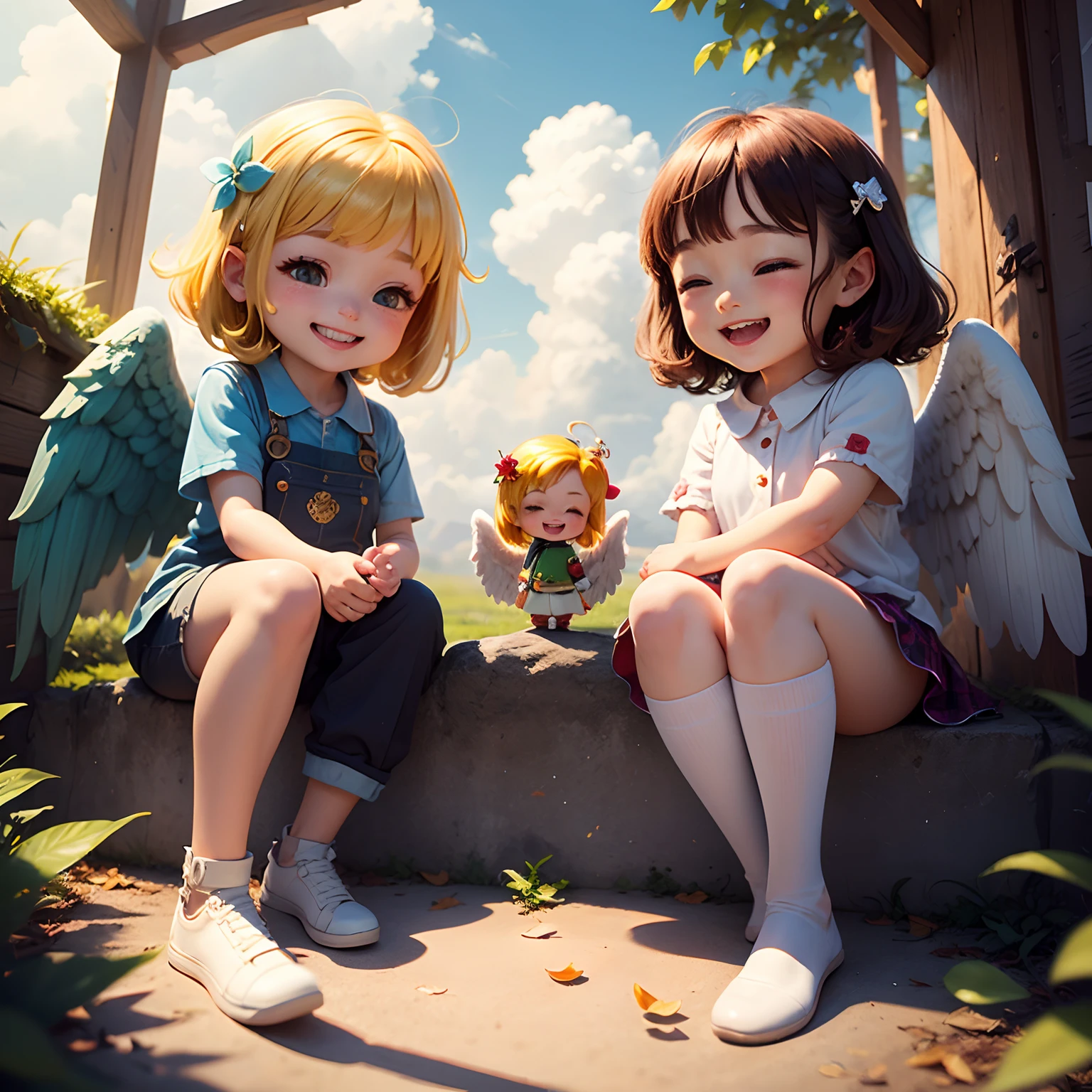 ​masterpiece、top-quality、ultra-detailliert、(Chibi Chara Angel:1.2)、Leprechaun、tickle,laughingly,nffsw,nffsw,Big smile,Happy happy smile,Laugh aloud,Lively laughter、blue open sky、white clouds、Sit on dead leaves