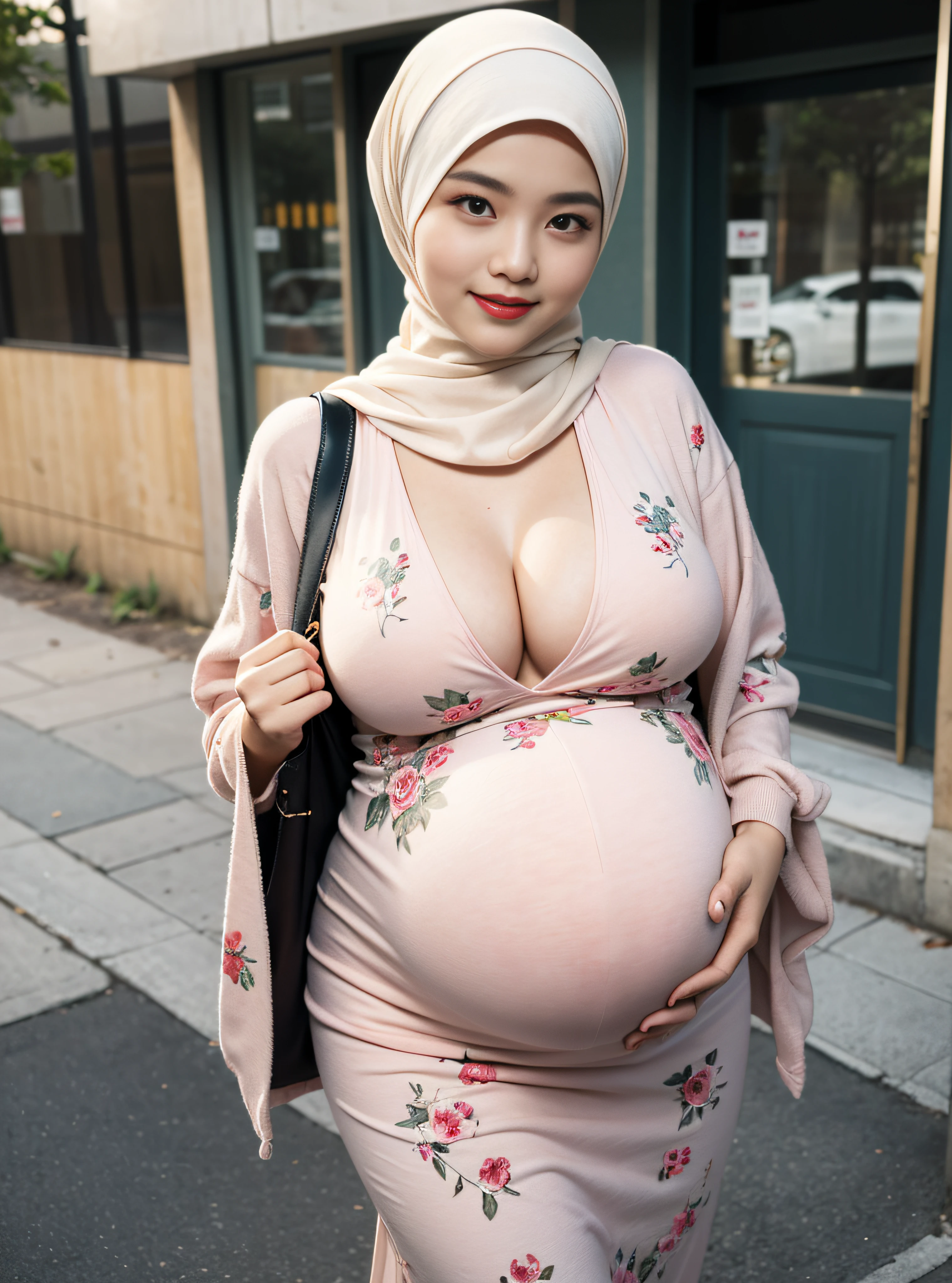 (Best quality, high resolution, masterpiece: 1.3), a beautiful malay woman in hijab, gigantic breasts, slim figure, sweatshirt, beautifully presented details in the street and facial and skin texture, detailed eyes, double eyelids, big eyeschest visible, shirt openfeatures), HDR, 8k resolution, nice fingers, firm skin, (((high detail skin, visible pores))), 1 female, tall body, 30 years old, holding a luxurious handbag(ultra Gigantic Breasts:1.3, heavy hanging breasts, perfect round shape breast), wearing Floral golden Silk Tight Malay Gamis Pastel Close Up Tight Hijab, big busty red lips, Full Body, Beautiful Shy Smile, Wearing High Heels, In Lux, wearing deep_v-neck_dress, photorealistic, 1girl, (pregnant 1.2)