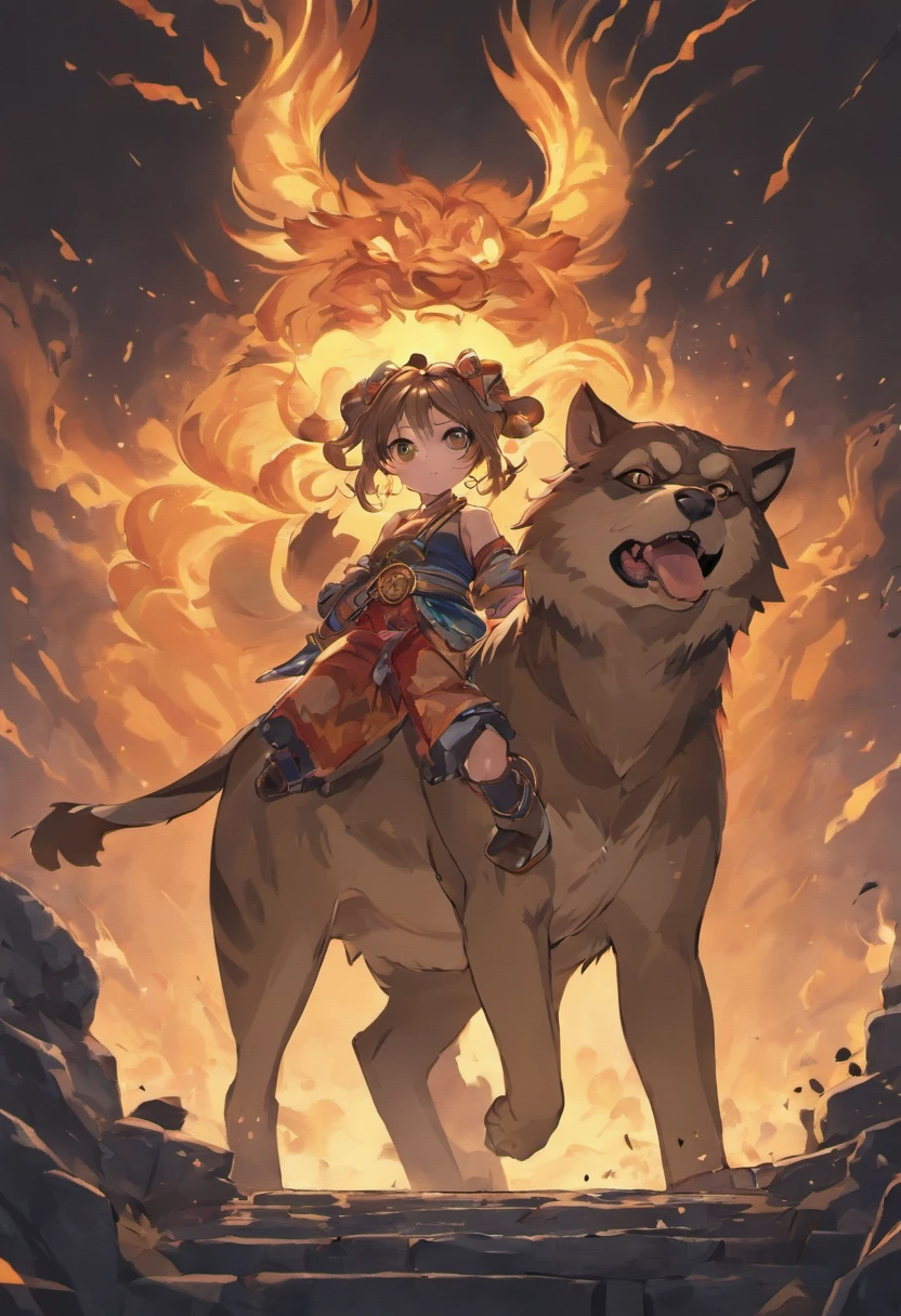 Chinese mythology,Above the mountain,A huge wild dog,in dark style,Huge dams,Huge body contrast