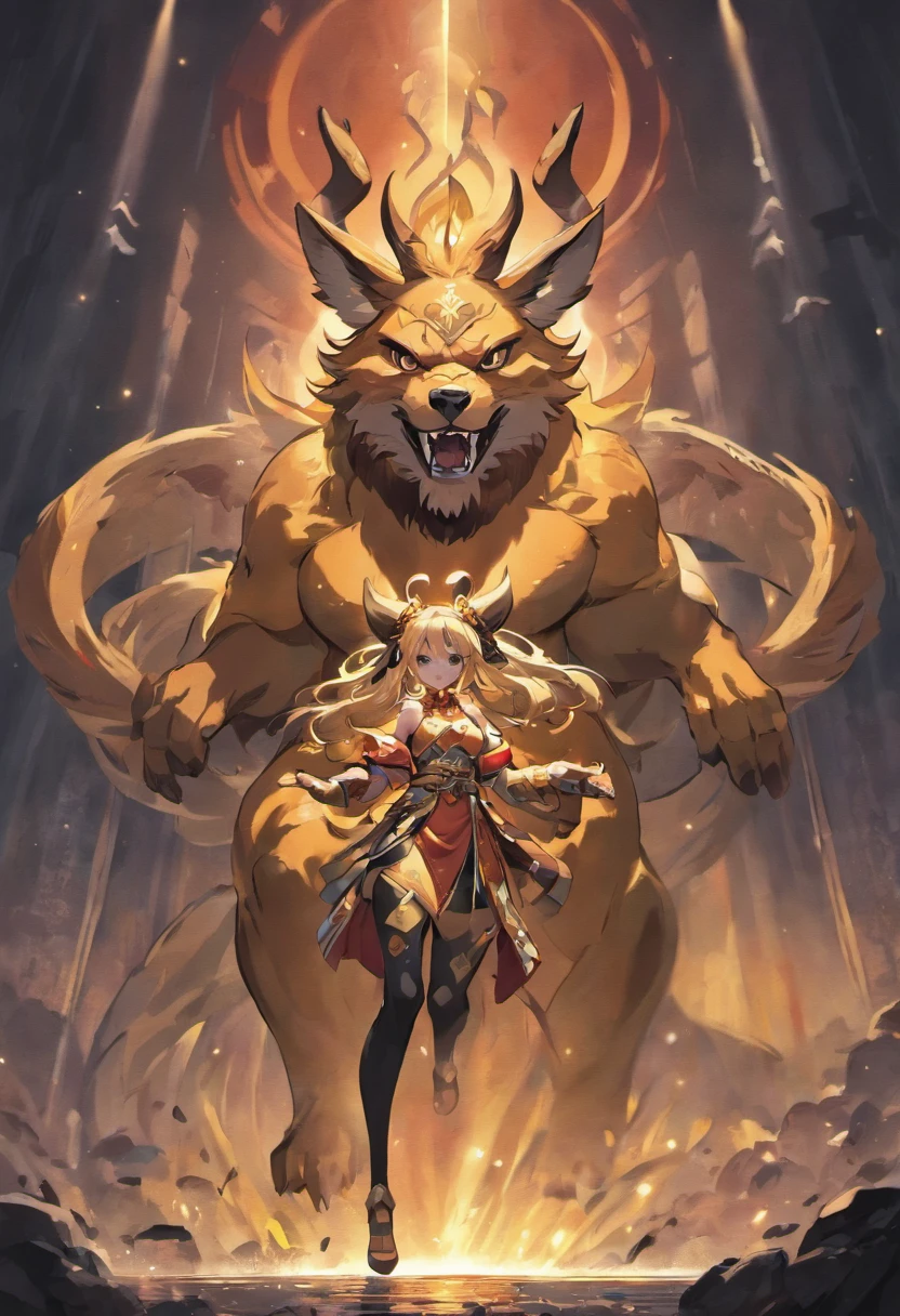 Riding monsters，1girll，,anatomy correct,long whitr hair，dragon monsters，female focus，sitted，Detailed pictures of the girl's facial features，Oriental elements，Ink painting style, Clean colors,Golden space, Soft lighting, ( Bokeh)，Masterpiece, Super detailed, Epic composition, Highest quality, 16k，