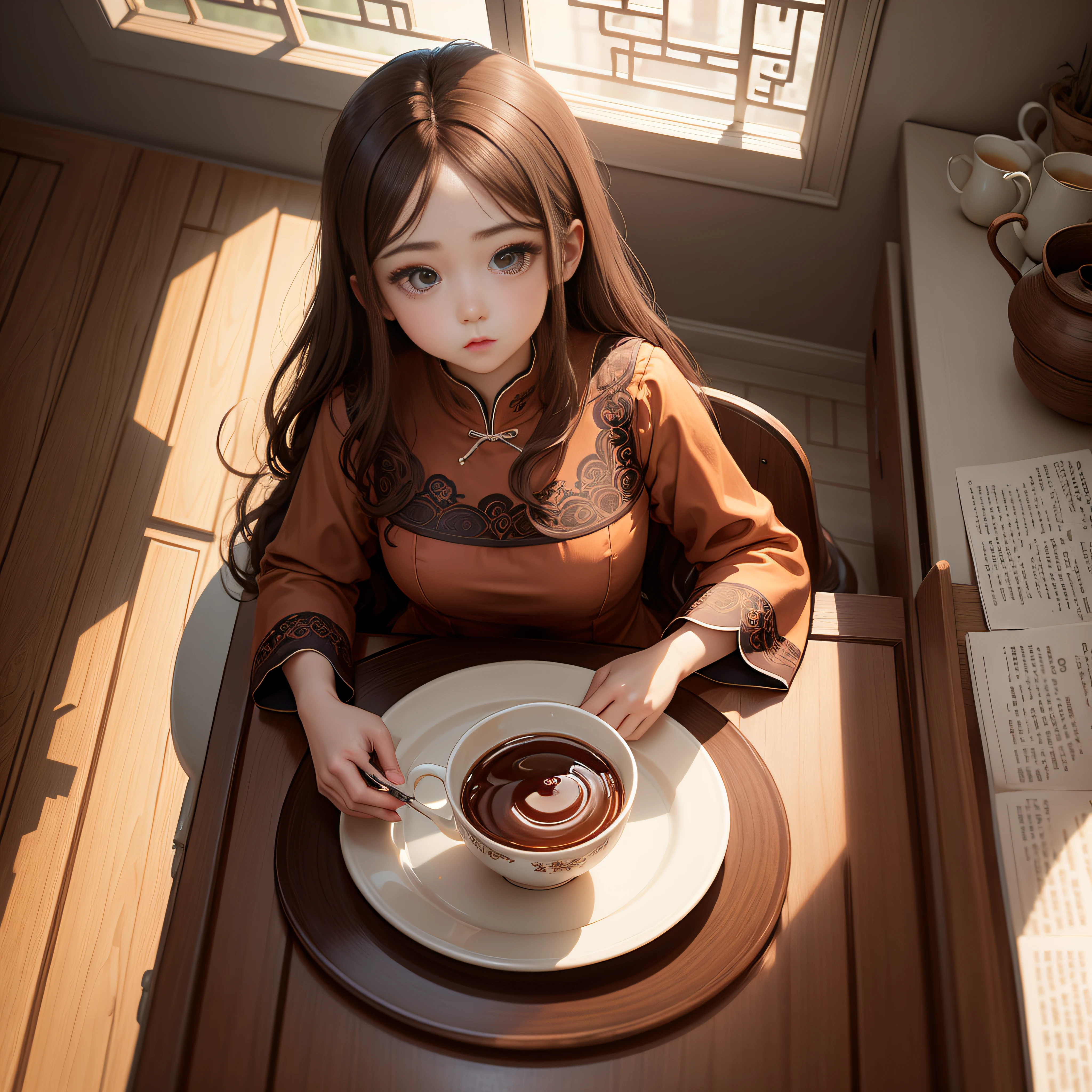 Illustration Design, Delicate character, windows, The table, Brown hair, Big eyes, long china dress --auto