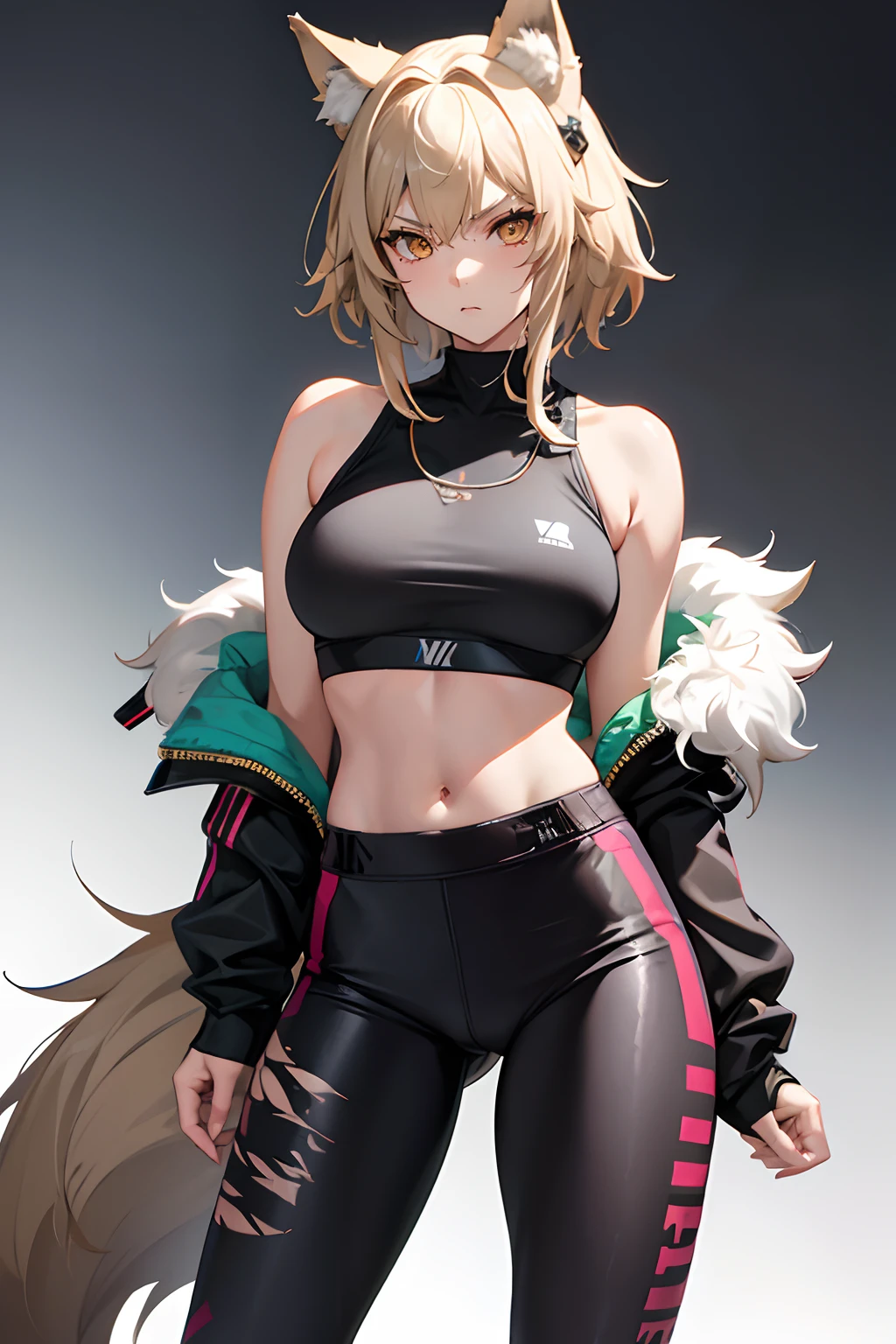 1woman, wolf girl, wolf ears, cyberpunk, camo pants, sports bra, grumpy, tsundere, portrait, arms behind back, hands behind back, dirty blonde hair, short hair