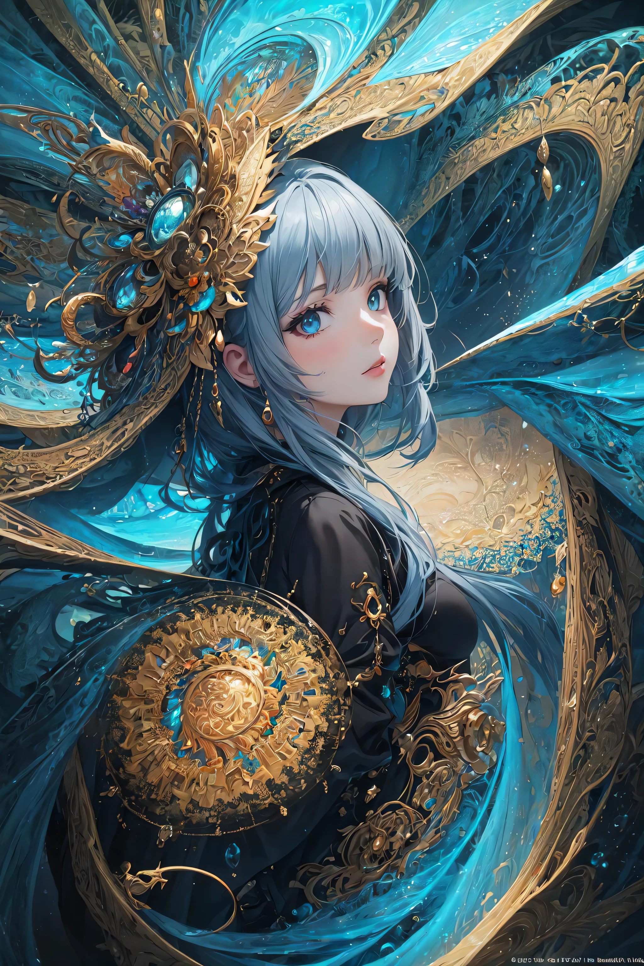 A woman with blue hair and a gold crown on her head - SeaArt AI