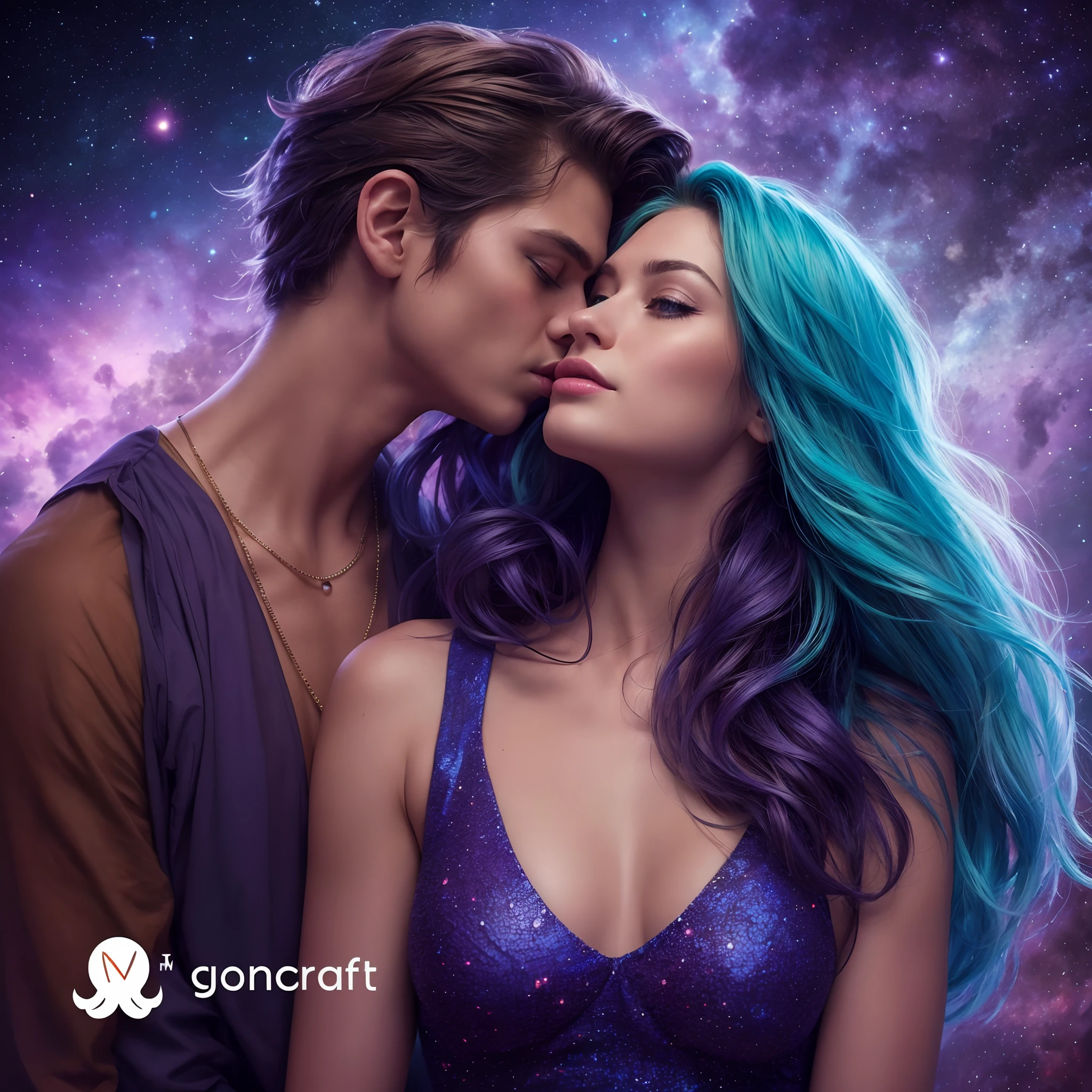 Masterpiece, a beautiful couple. Two people, a man and a woman. 1boy, 1 girl, Close up of hand body. The young man is kissing the girl. A young woman, (Alyssa Sutherland:1.0), with a sightly transparent cosmic night dress, filigree, medium breasts, (strong muscular body), (long light blue messy hair), bands, hair blowing in the air, (big turquoise eyes), (cosmic galaxy background), wartorn environment, magical war, HD, (skin texture:1.1), best quality, ultra high res, (photorealistic: 1.4), Raw photo, by Ellen von Unwerth, Nikon D850 Film Stock Photography, F1.6 Lens, Rich Colors, Realistic, Cinestill 800, backlight, rimlighting, studiolighting, sunlight, close-up. She is the image of beauty, Noble woman. the man is noble, young, with a blue jacket, short brown messy hair. The man is behind her, hugging her.