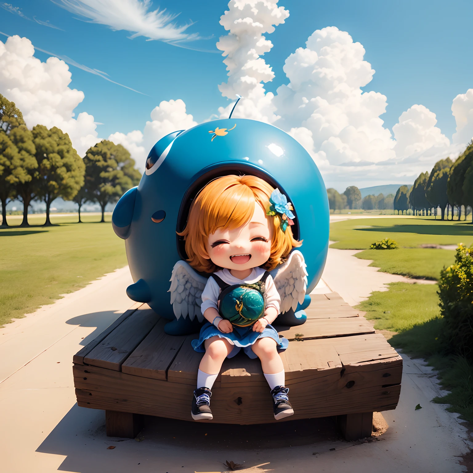 masterpiece、top-quality、ultra-detailliert、(Chibi Chara Angel:1.3)、Leprechaun、tickle,laughingly,nffsw,nffsw,Big smile,Happy happy smile,Laugh aloud,Lively laughter、blue open sky、white clouds、Sit on dead leaves