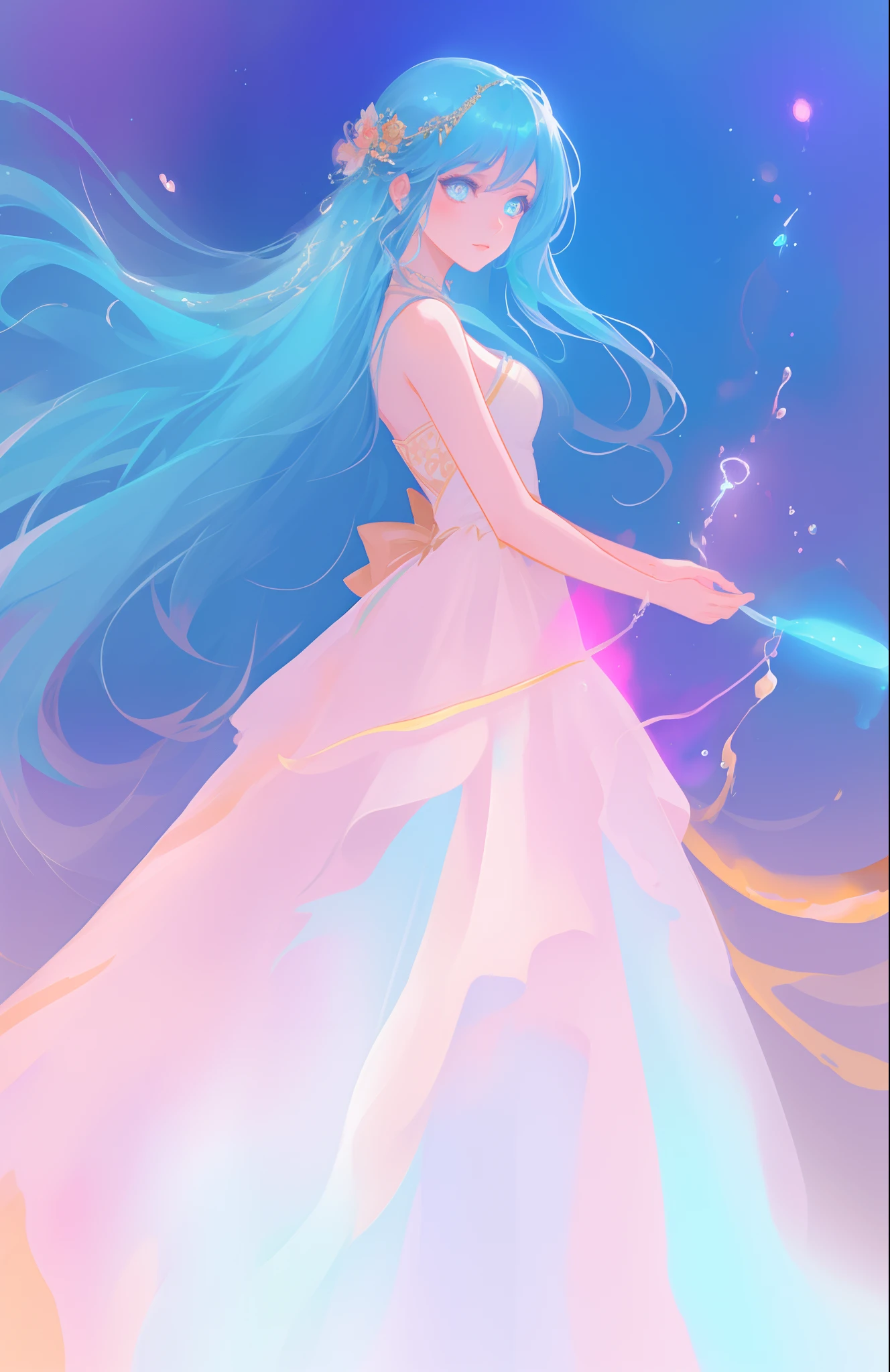 beautiful girl, puffy tiered ballgown, vibrant pastel colors, (colorful), glowing golden long hair, magical lights, sparkling magical liquid, inspired by Glen Keane, inspired by Lois van Baarle, disney art style, by Lois van Baarle, glowing aura around her, by Glen Keane, jen bartel, glowing lights! digital painting, flowing glowing hair, glowing flowing hair, beautiful digital illustration, fantasia background, whimsical, magical, fantasy, ((beautiful face)), ((masterpiece, best quality)), intricate details, highly detailed, sharp focus, 8k resolution, sparkling detailed eyes, liquid watercolor
