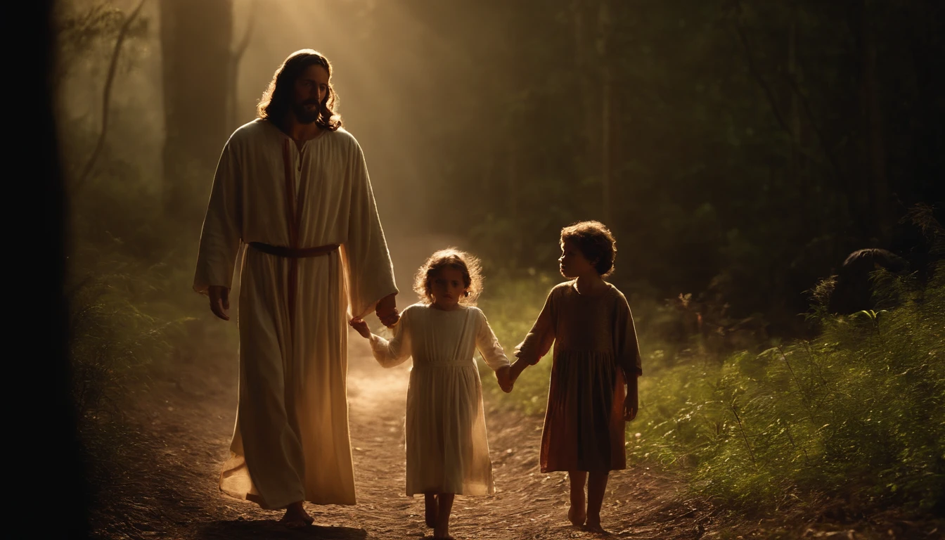 Jesus Protecting Two Children, uma menina e um menino, com um manto de luz divino, em um caminho no meio de uma floresta