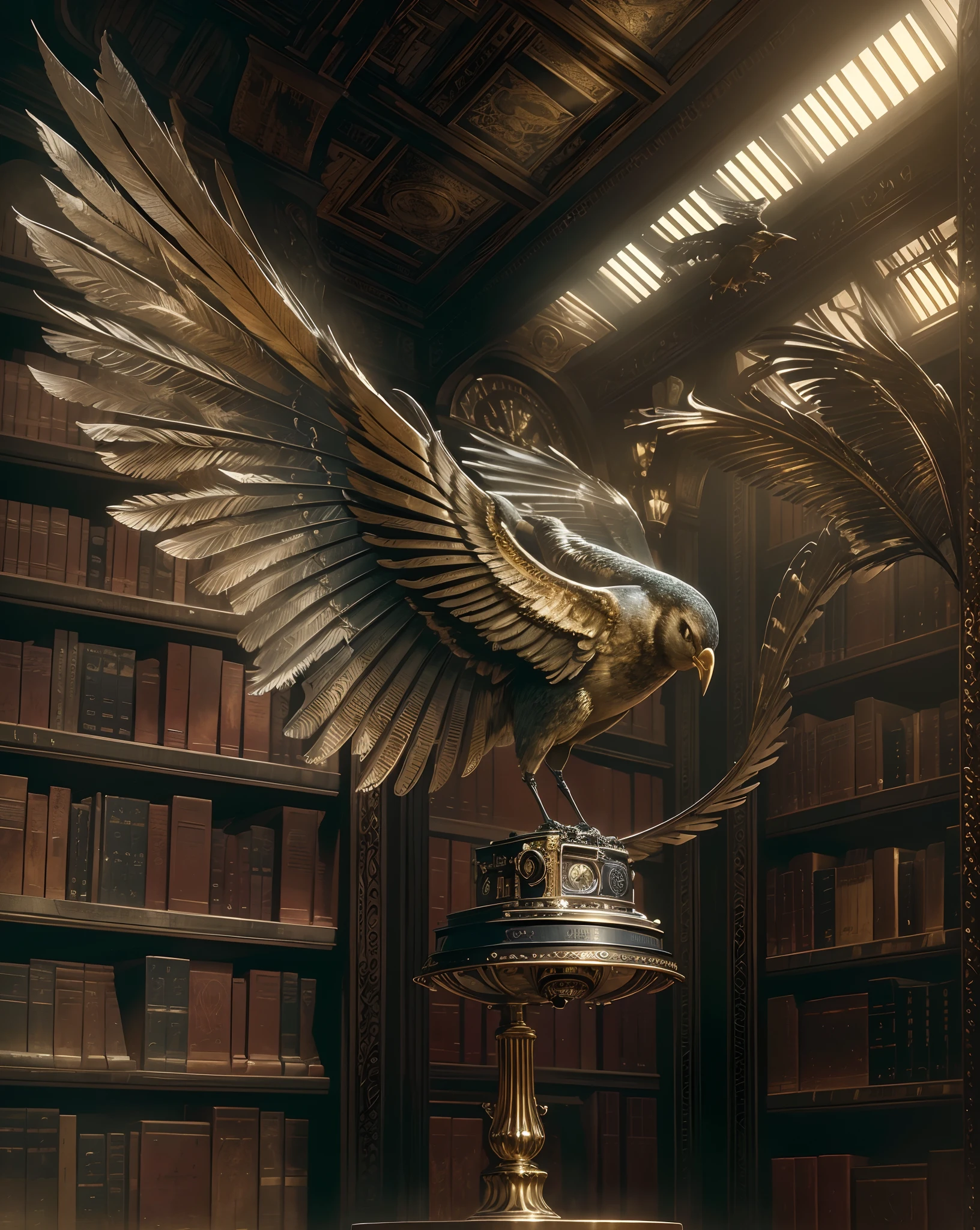 mechanical bird,cinematic,(best quality,4k,8k,highres,masterpiece:1.2),ultra-detailed,(realistic,photorealistic,photo-realistic:1.37),library,bookshelves,antique,bronze,clockwork,wings,suspended in air,graceful,metallic feathers,silver,brass,gold,sunlight streaming through windows,shadows and light,nostalgic colors,vintage,film noir style,atmospheric,mysterious,slightly surreal,dramatic depth of field,impressionistic background