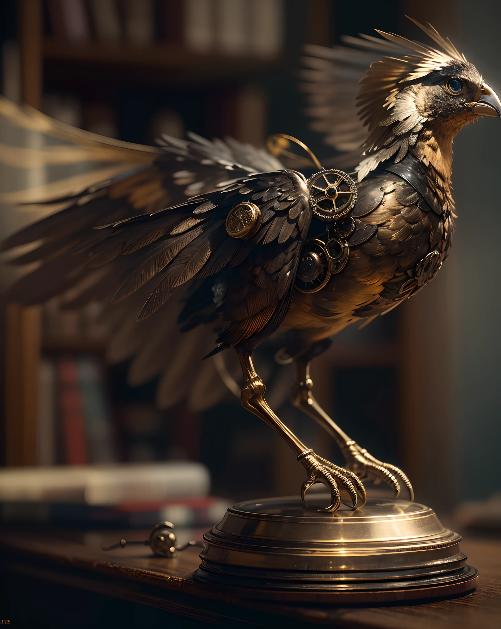 mechanical bird,cinematic,(best quality,4k,8k,highres,masterpiece:1.2),ultra-detailed,(realistic,photorealistic,photo-realistic:1.37),library,bookshelves,antique,bronze,clockwork,wings,suspended in air,graceful,metallic feathers,silver,brass,gold,sunlight streaming through windows,shadows and light,nostalgic colors,vintage,film noir style,atmospheric,mysterious,slightly surreal,dramatic depth of field,impressionistic background