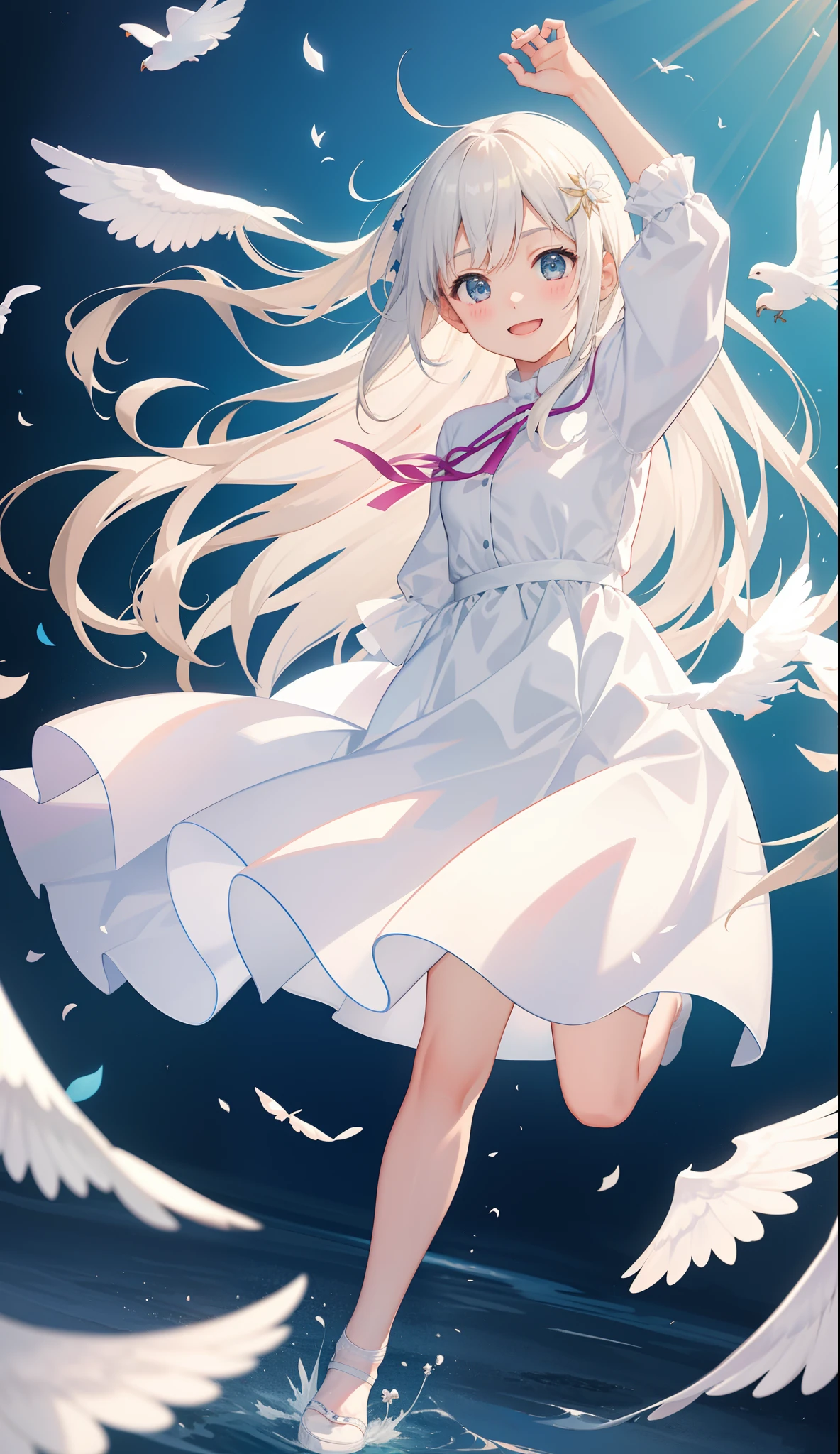 1girl in、AS-Adult、Smile、White dress、light、Gauze fabric、Fluttering in the wind、