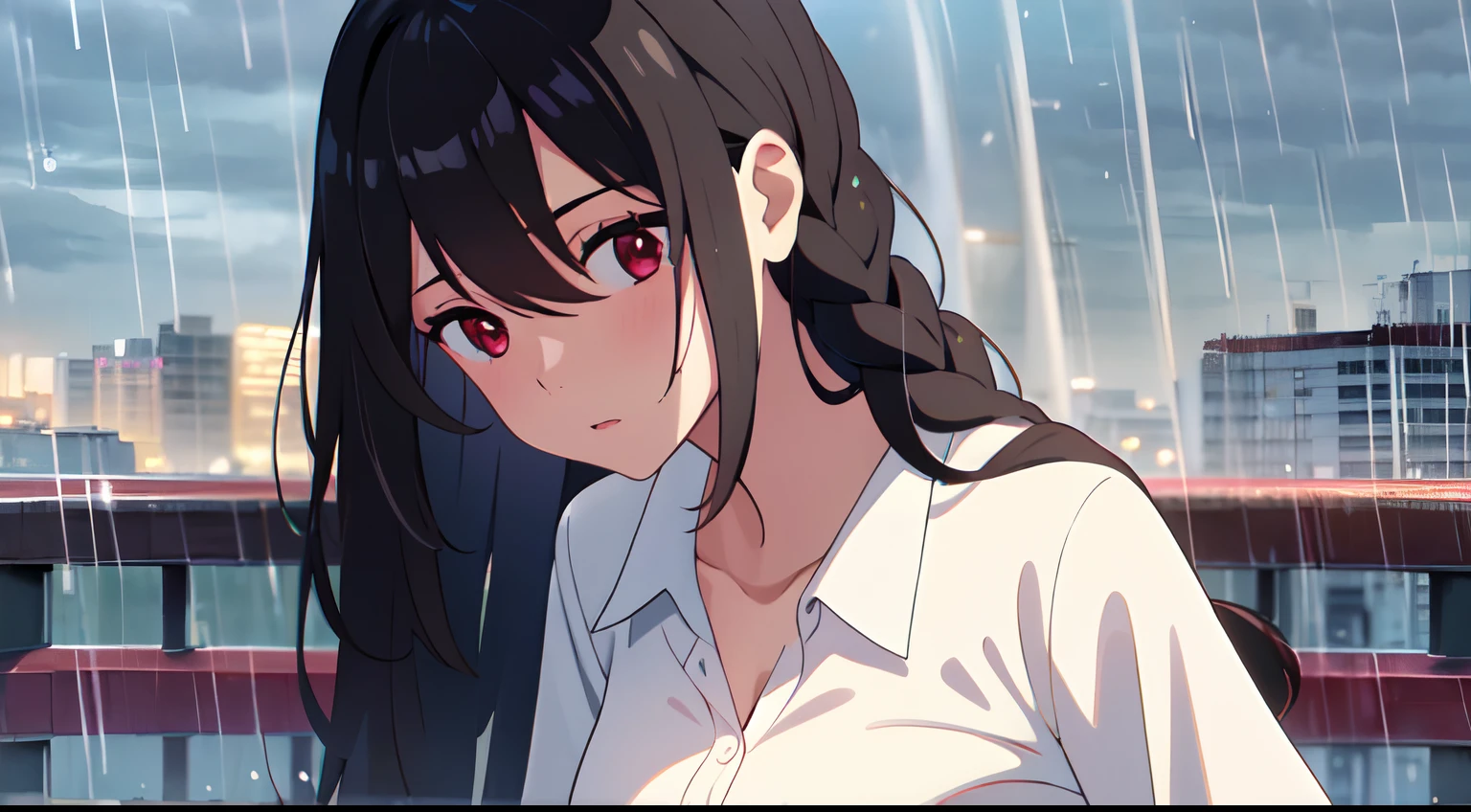 masterpiece, best quality, 1girl, solo, long black hair, hair between eyes, braided hair, with red eyes, rain, white blouse, medium breast, sky, close up, city