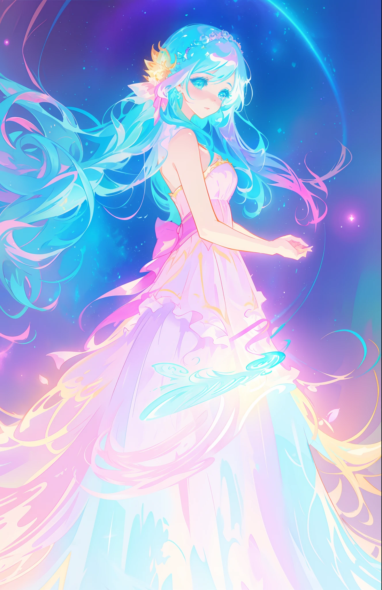 beautiful girl, puffy tiered ballgown, vibrant pastel colors, (colorful), glowing golden long hair, magical lights, sparkling magical liquid, inspired by Glen Keane, inspired by Lois van Baarle, disney art style, by Lois van Baarle, glowing aura around her, by Glen Keane, jen bartel, glowing lights! digital painting, flowing glowing hair, glowing flowing hair, beautiful digital illustration, fantasia background, whimsical, magical, fantasy, ((beautiful face)), ((masterpiece, best quality)), intricate details, highly detailed, sharp focus, 8k resolution, sparkling detailed eyes, liquid watercolor