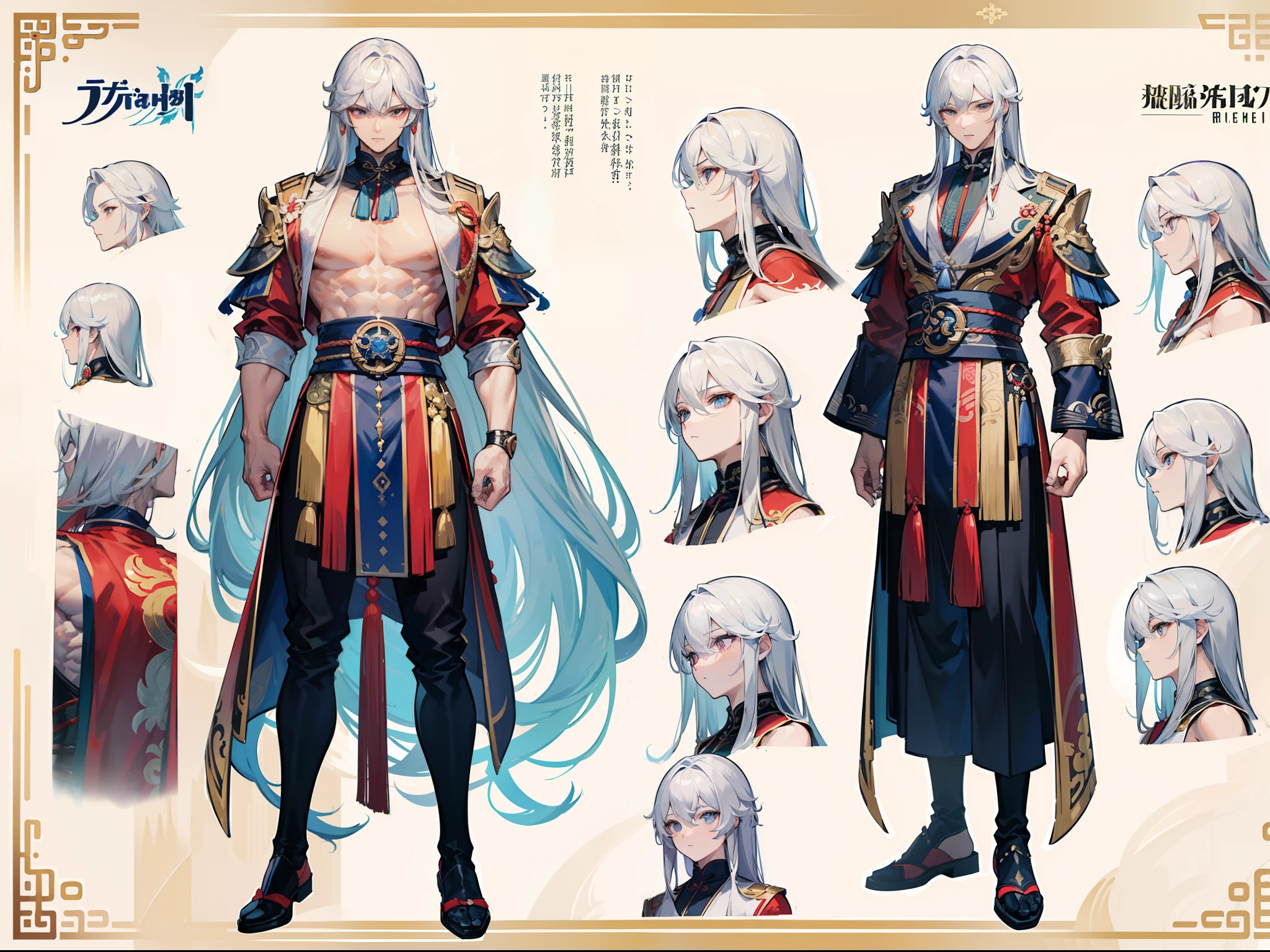 ((Masterpiece, Highest quality)), Detailed face, character design sheet, full bodyesbian, Full of details, frontal body view, back body view, Highly detailed, Depth, Many parts, Muscle boy with long white hair with long bangs,handsome man, muscle body, Traditional chinese clothes, Genshin Impact, man tall, pectoral muscles, abs