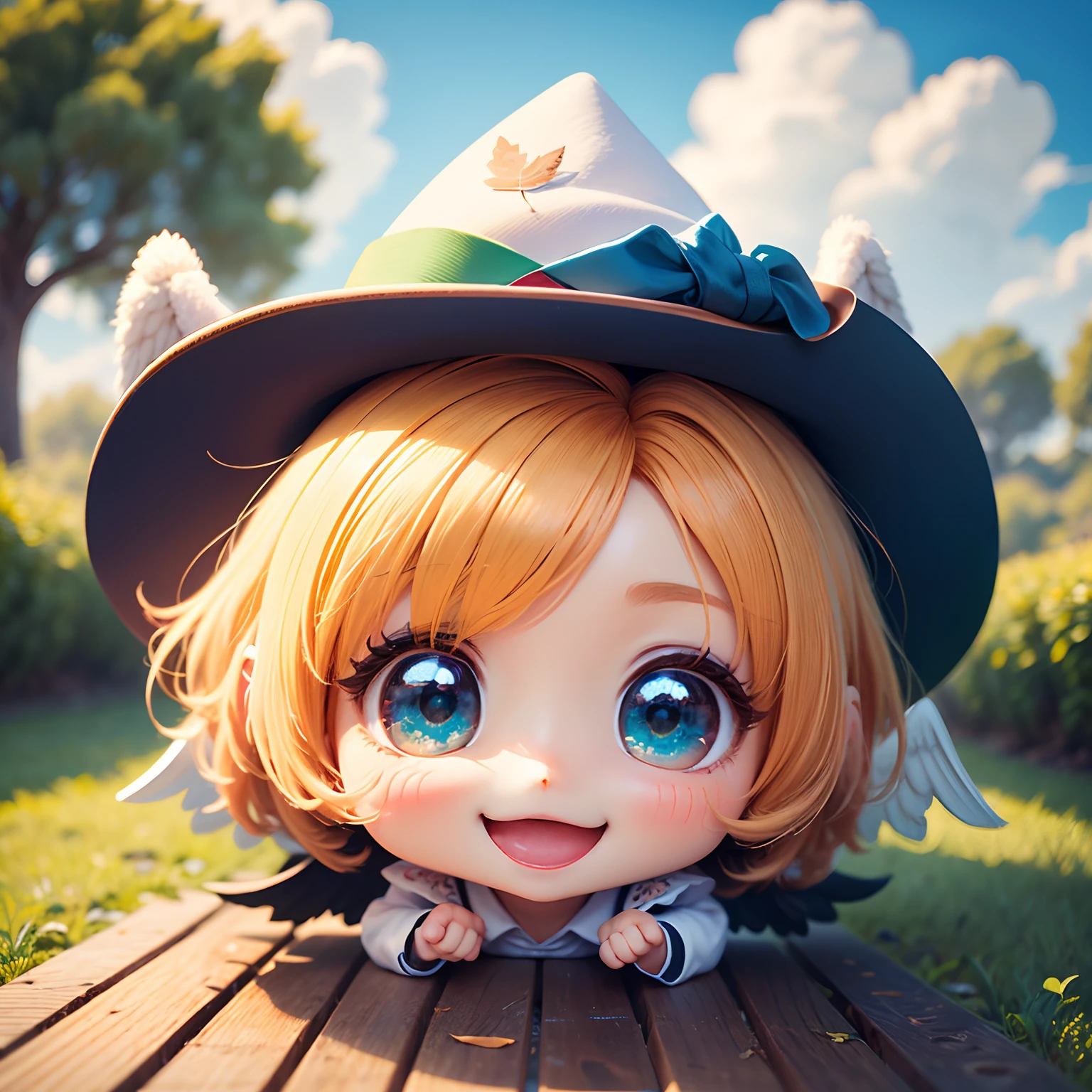 masterpiece、top-quality、ultra-detailliert、(Chibi Chara Angel:1.3)、独奏、Leprechaun、tickle,laughingly,nffsw,nffsw,Big smile,Happy happy smile,Laugh aloud,Lively laughter、blue open sky、white clouds、Sit on dead leaves