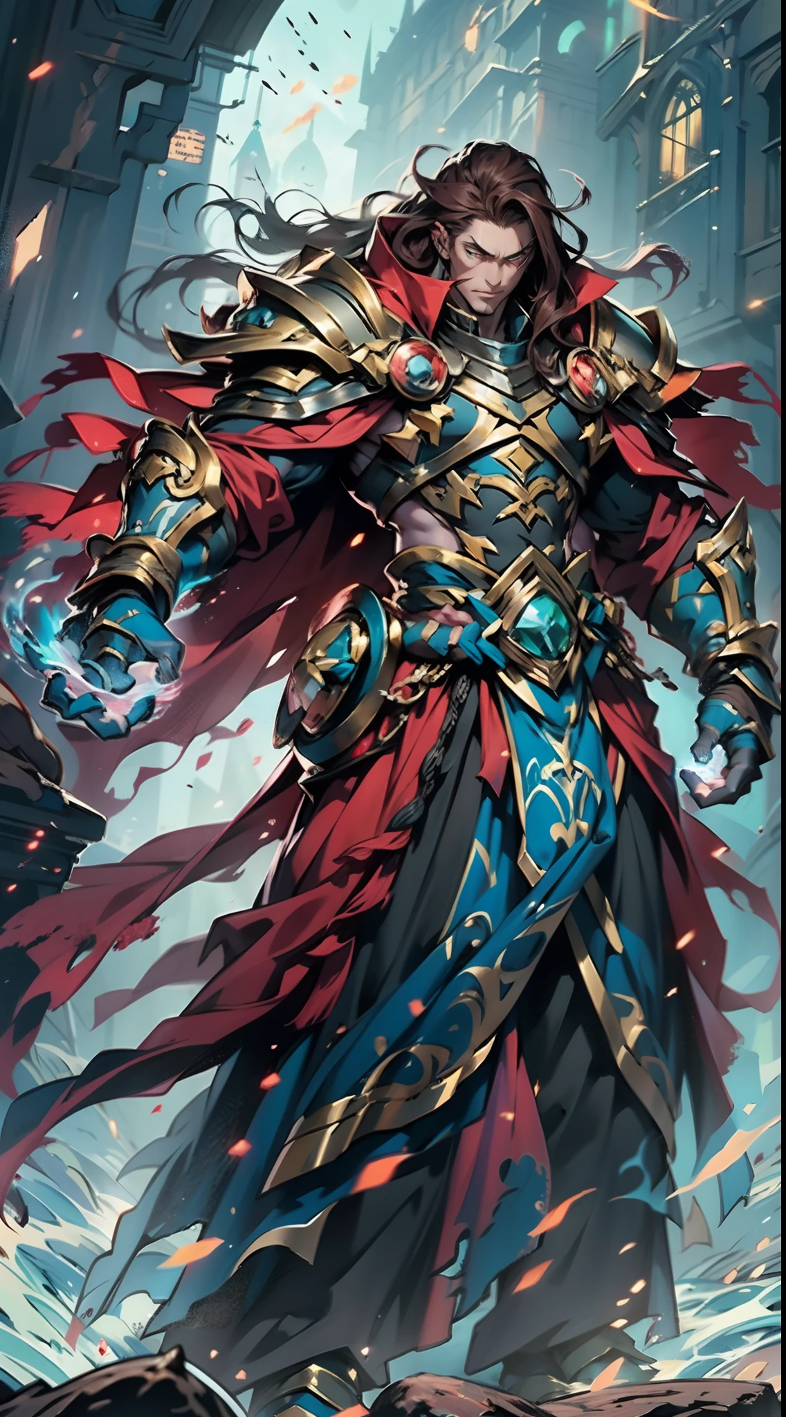 A man with long reddish-brown hair, wearing a red headband, an Eastern European face, deep and confident eyes, a confident smile, a red elongated totem mark on his face, a tall and strong physique, he wears a fantasy-style overlord attire, a blue-gold thick breastplate, a black tight-fitting undershirt, a massive cloak with heavy metal decorations, that cloak covers most of his body, thick red and blue heavy gauntlets, a metal belt with a thick long skirt-like hem, black pants, metal leg guards that match the gauntlets, he steps on the space with an awe-inspiring presence, red and blue and green energy surrounds him, red and blue and green Power surrounds him, white frost swirls around him, blue ice around him, red fire around him, purple Lightning around him, this character embodies a finely crafted fantasy-style overlord in anime style, characterized by an exquisite and mature manga illustration art style, high definition, best quality, highres, ultra-detailed, ultra-fine painting, extremely delicate, professional, anatomically correct, symmetrical face, extremely detailed eyes and face, high quality eyes, creativity, RAW photo, UHD, 8k, Natural light, cinematic lighting, masterpiece:1.5