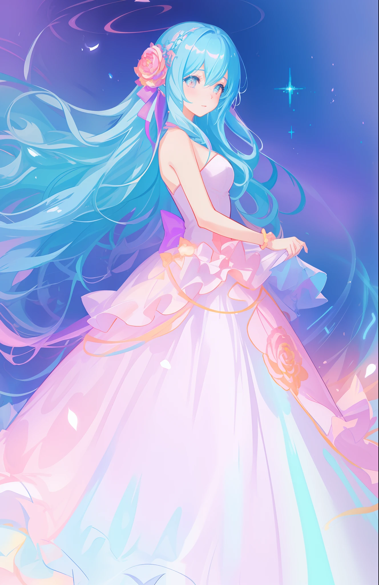 beautiful girl, puffy tiered ballgown, vibrant pastel colors, (colorful), glowing golden long hair, magical lights, sparkling magical liquid, inspired by Glen Keane, inspired by Lois van Baarle, disney art style, by Lois van Baarle, glowing aura around her, by Glen Keane, jen bartel, glowing lights! digital painting, flowing glowing hair, glowing flowing hair, beautiful digital illustration, fantasia background, whimsical, magical, fantasy, ((beautiful face)), ((masterpiece, best quality)), intricate details, highly detailed, sharp focus, 8k resolution, sparkling detailed eyes, liquid watercolor