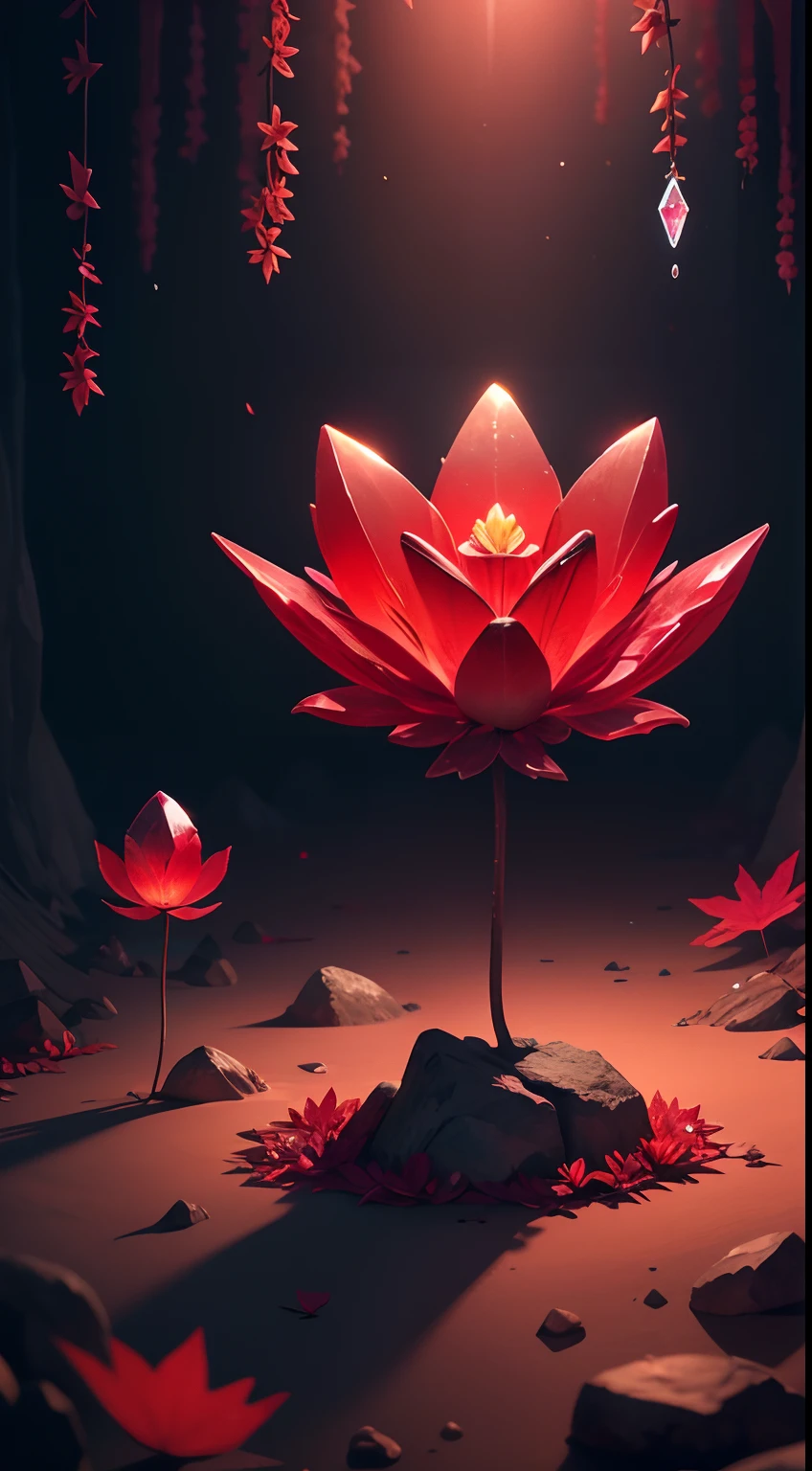 a crystal flower in the ground of a cave, the flower is red, (the flower has red leafs of crystal:1.4), the flower has a green stalk, the stalk if made of crystal, the flower core is a yellow gem, professioal image, simple, phcrystal, flower core, perfect lighting, (translucent crystals), glowing in the dark, glow,magical, award winner image, 4k, uhd, magical atmosphere, cute, gorgeous