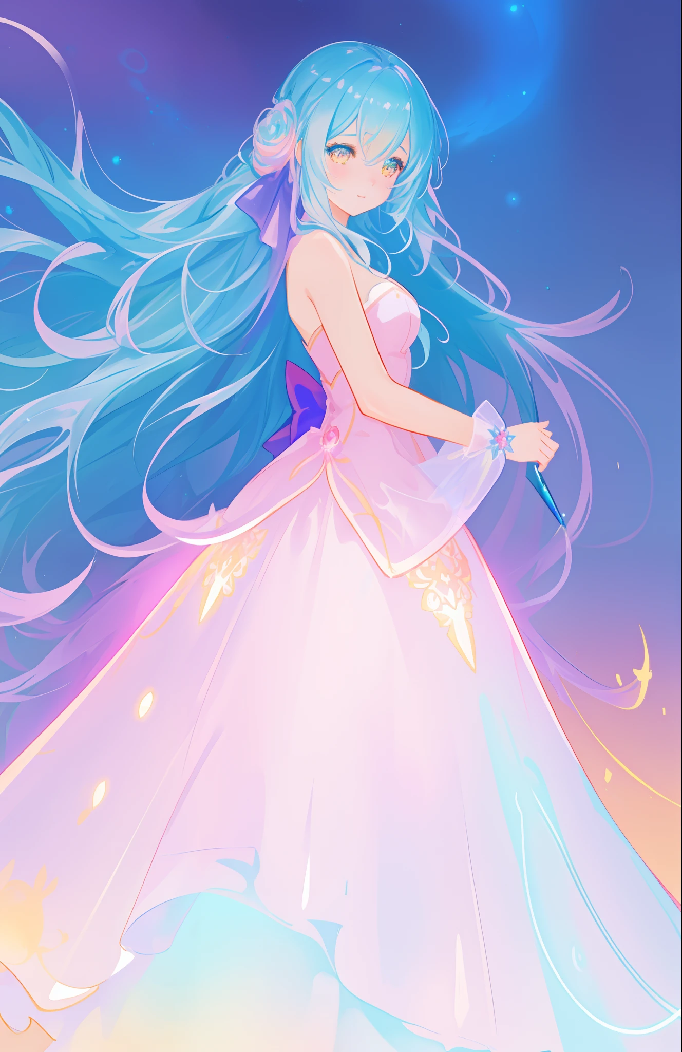 beautiful girl, puffy tiered ballgown, vibrant pastel colors, (colorful), glowing golden long hair, magical lights, sparkling magical liquid, inspired by Glen Keane, inspired by Lois van Baarle, disney art style, by Lois van Baarle, glowing aura around her, by Glen Keane, jen bartel, glowing lights! digital painting, flowing glowing hair, glowing flowing hair, beautiful digital illustration, fantasia background, whimsical, magical, fantasy, ((beautiful face)), ((masterpiece, best quality)), intricate details, highly detailed, sharp focus, 8k resolution, sparkling detailed eyes, liquid watercolor