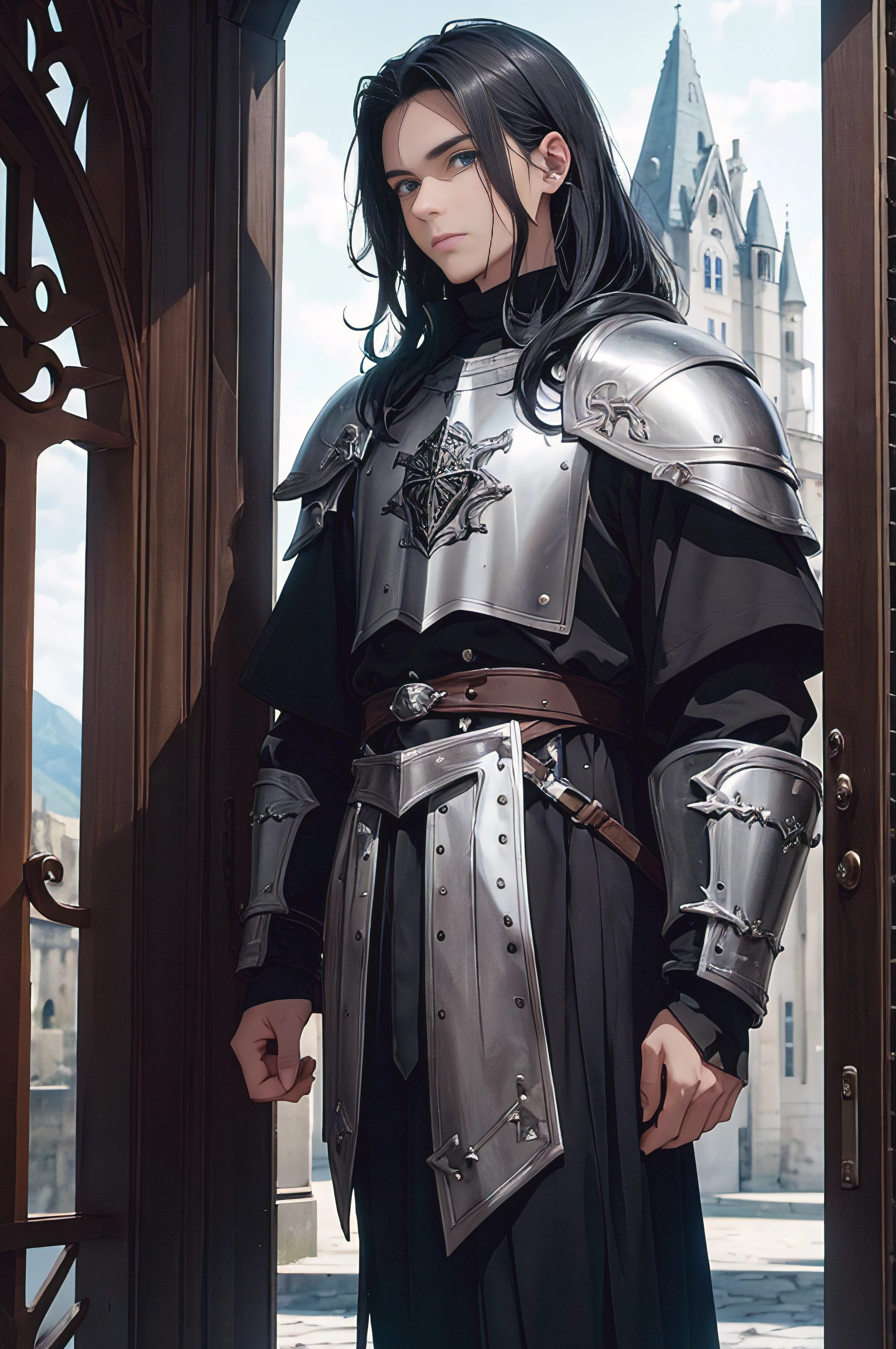 1 jovem com cabelo preto encaracolado na altura dos ombros, Wearing light leather armor and gothic style. He's watching the enraptured horizon, In front of the hall door of a medieval castle. This castle is located at the foot of a mountain that gives the impression of being silver, com picos altos e nevados, Aquarela, Prismatic Illumination, Barroco, Motor irreal, Lateral angle perspective, feito de couro, medium format camera, filtro polarizador, Cena filmada pelo personagem, 4k, 8k, 16k
