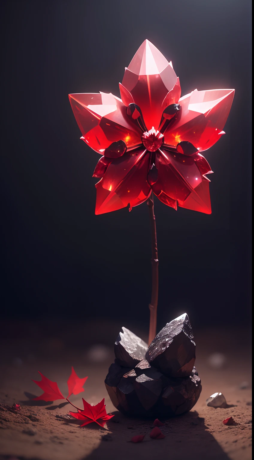 a crystal flower in the ground of a cave, the flower is red, (the flower has red leafs of crystal:1.4), the flower has a green stalk, the stalk if made of crystal, the flower core is a yellow gem, professioal image, simple, phcrystal, flower core, perfect lighting, (translucent crystals), glowing in the dark, glow,magical, award winner image, 4k, uhd, magical atmosphere, cute, gorgeous