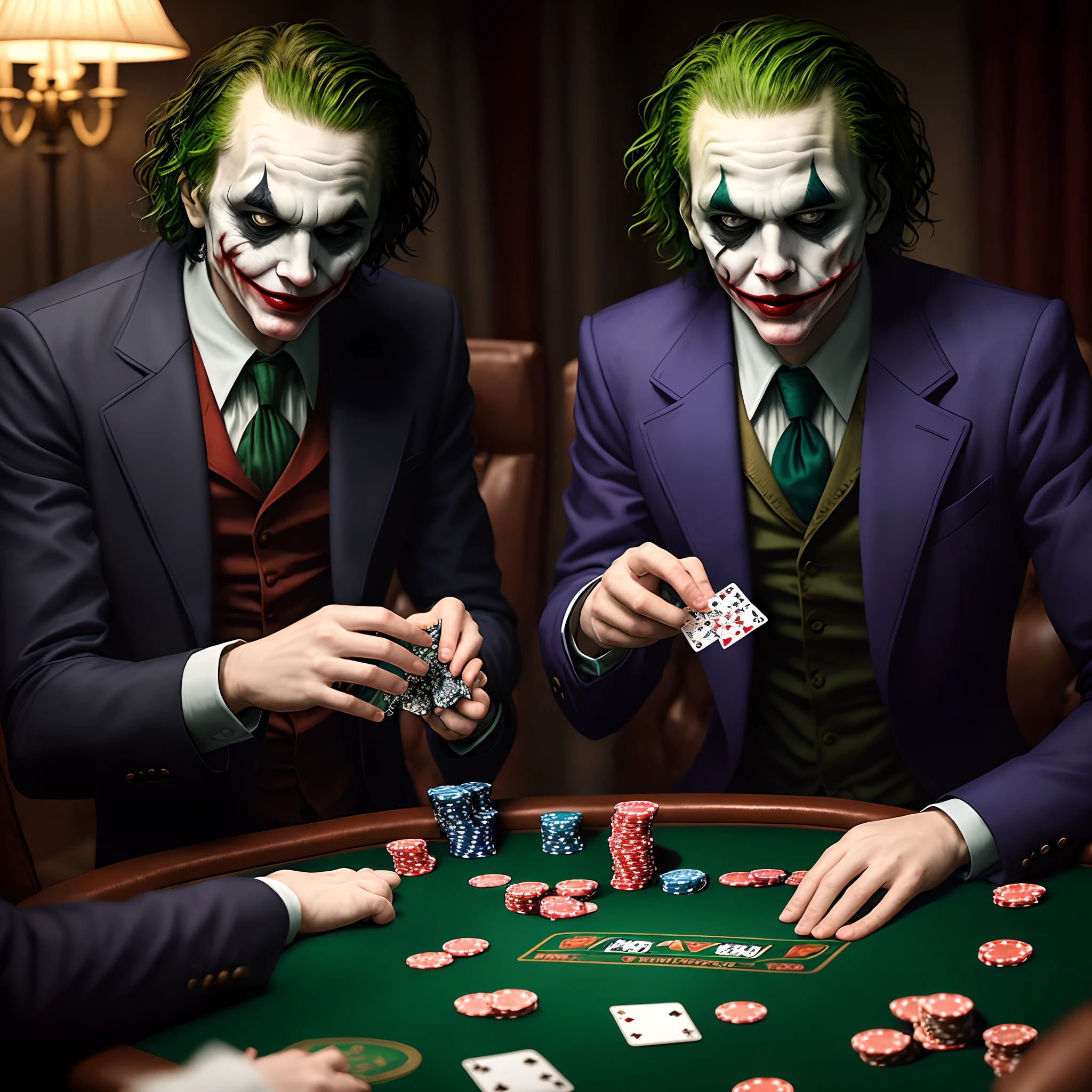 The joker playing poker with frogs