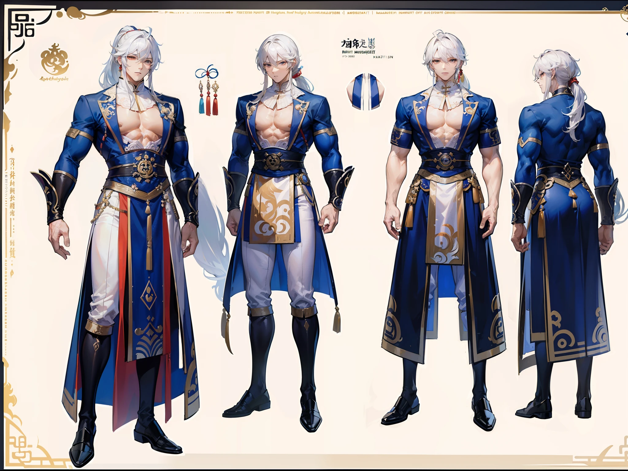 ((Masterpiece, Highest quality)), Detailed face, character design sheet， full bodyesbian, Full of details, frontal body view, back body view, Highly detailed, Depth, Many parts, Muscle boy with ponytail long white hair，handsome man, muscle body, Traditional chinese clothes, Genshin Impact, man tall, pectoral muscles, abs