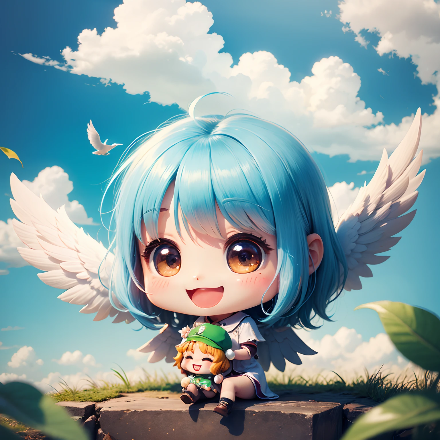 masterpiece、top-quality、ultra-detailliert、(Chibi Chara Angel:1.3)、Grabbing a white dove、独奏、Leprechaun、tickle,laughingly,nffsw,nffsw,Big smile,Happy happy smile,Laugh aloud,Lively laughter、blue open sky、white clouds、Sit on dead leaves
