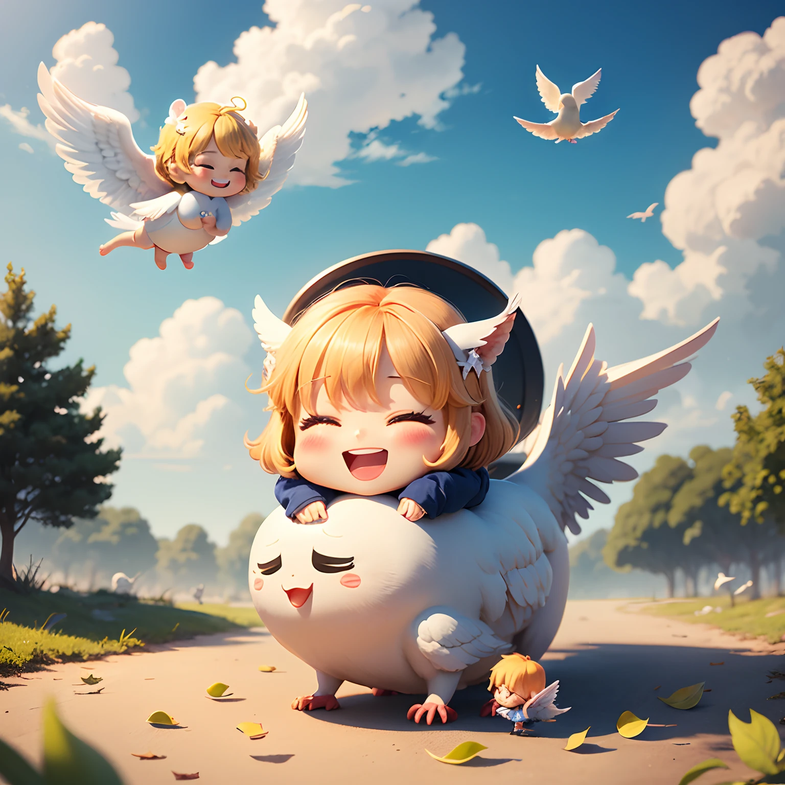 ​masterpiece、top-quality、ultra-detailliert、(Chibi Chara Angel:1.3)、Grabbing a white dove、独奏、Leprechaun、tickle,laughingly,nffsw,nffsw,Big smile,Happy happy smile,Laugh aloud,Lively laughter、blue open sky、white clouds、Sit on dead leaves