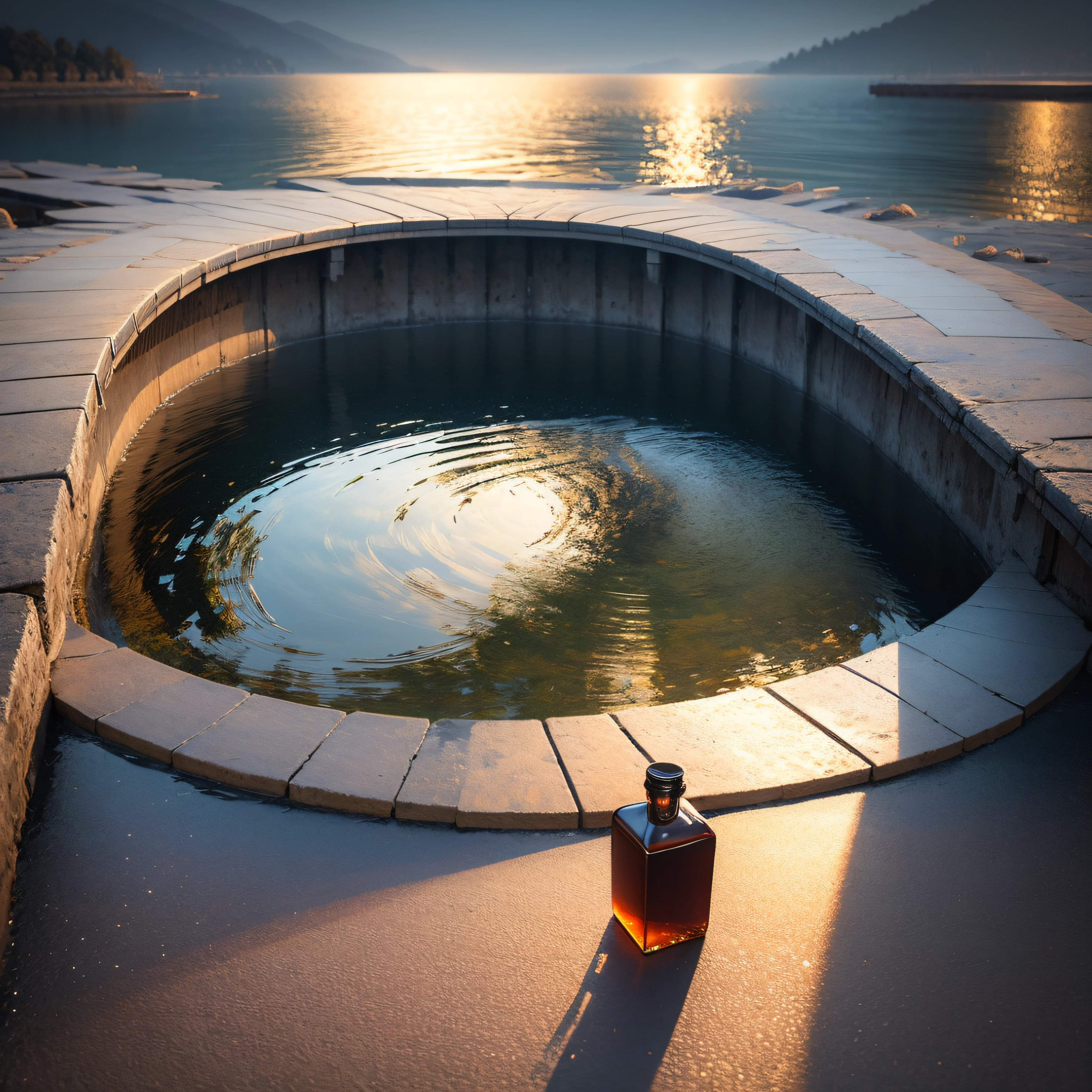 Huge bottles containing a majestic lake , Very high quality and very detailed scenes , Octane Render, Starry sky , Dreams , Giant green moon , Heavenly Vout , inspiration, imagination --auto