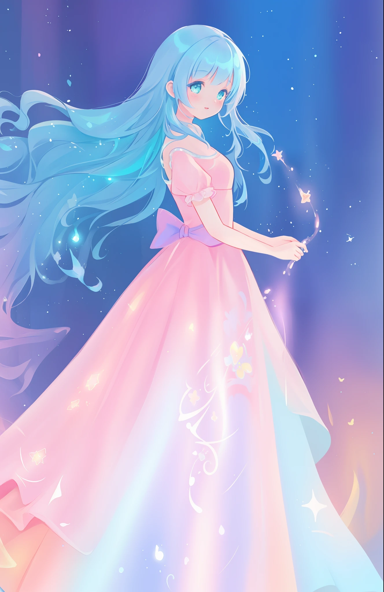beautiful girl, puffy tiered ballgown, vibrant pastel colors, (colorful), glowing golden long hair, magical lights, sparkling magical liquid, inspired by Glen Keane, inspired by Lois van Baarle, disney art style, by Lois van Baarle, glowing aura around her, by Glen Keane, jen bartel, glowing lights! digital painting, flowing glowing hair, glowing flowing hair, beautiful digital illustration, fantasia background, whimsical, magical, fantasy, ((beautiful face)), ((masterpiece, best quality)), intricate details, highly detailed, sharp focus, 8k resolution, sparkling detailed eyes, liquid watercolor