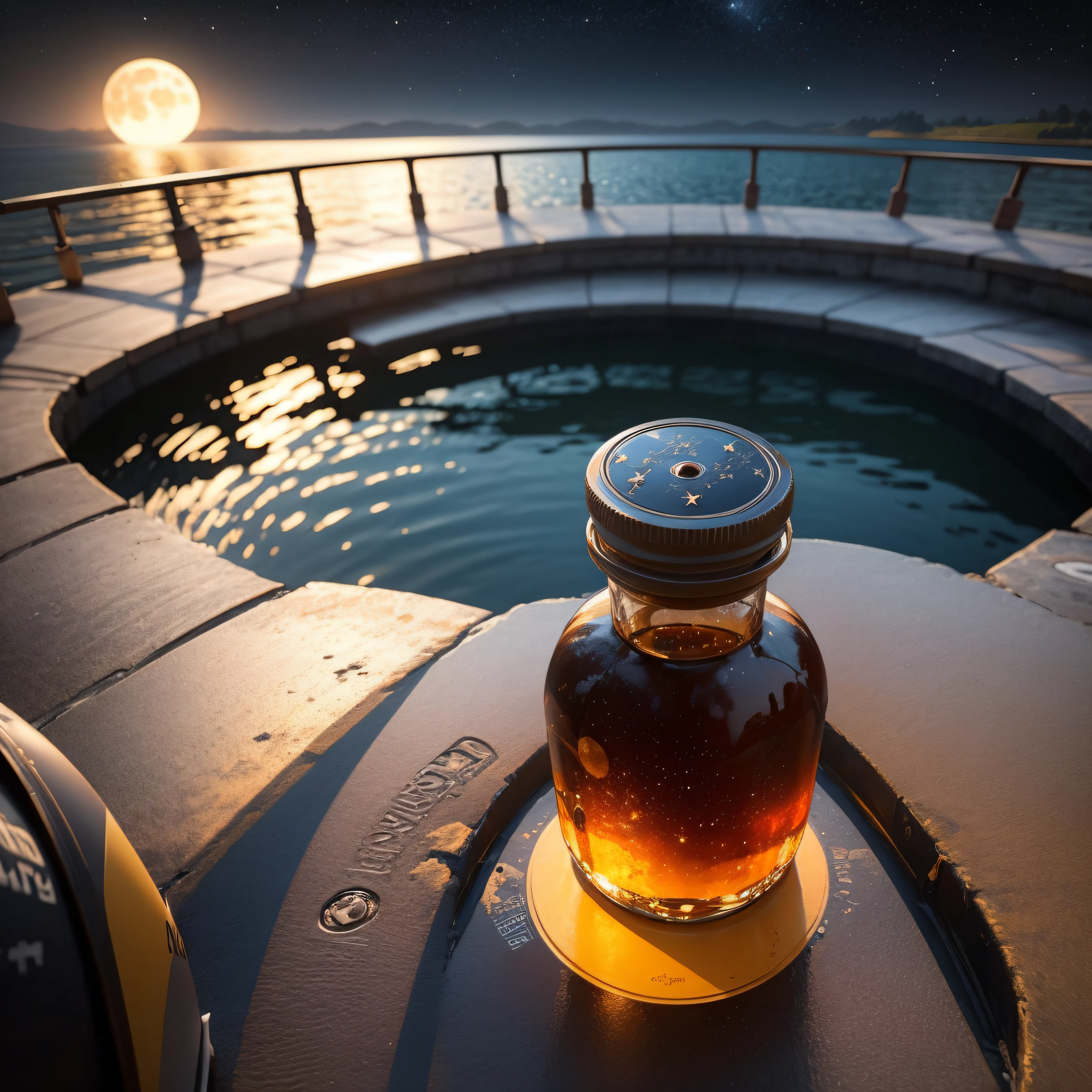 Huge bottles containing a majestic lake , Very high quality and very detailed scenes , Octane Render, Starry sky , Dreams , Giant green moon , Heavenly Vout , inspiration, imagination --auto