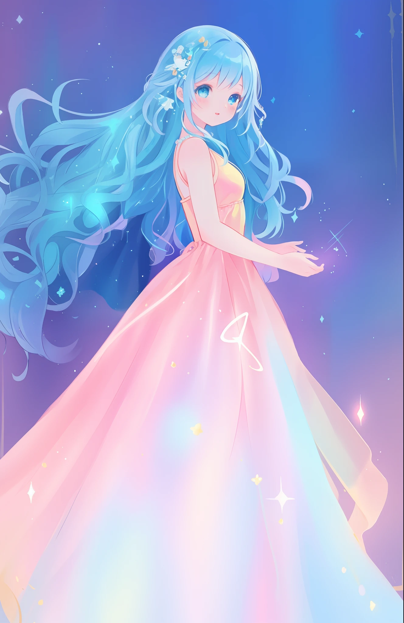 beautiful girl, puffy tiered ballgown, vibrant pastel colors, (colorful), glowing golden long hair, magical lights, sparkling magical liquid, inspired by Glen Keane, inspired by Lois van Baarle, disney art style, by Lois van Baarle, glowing aura around her, by Glen Keane, jen bartel, glowing lights! digital painting, flowing glowing hair, glowing flowing hair, beautiful digital illustration, fantasia background, whimsical, magical, fantasy, ((beautiful face)), ((masterpiece, best quality)), intricate details, highly detailed, sharp focus, 8k resolution, sparkling detailed eyes, liquid watercolor