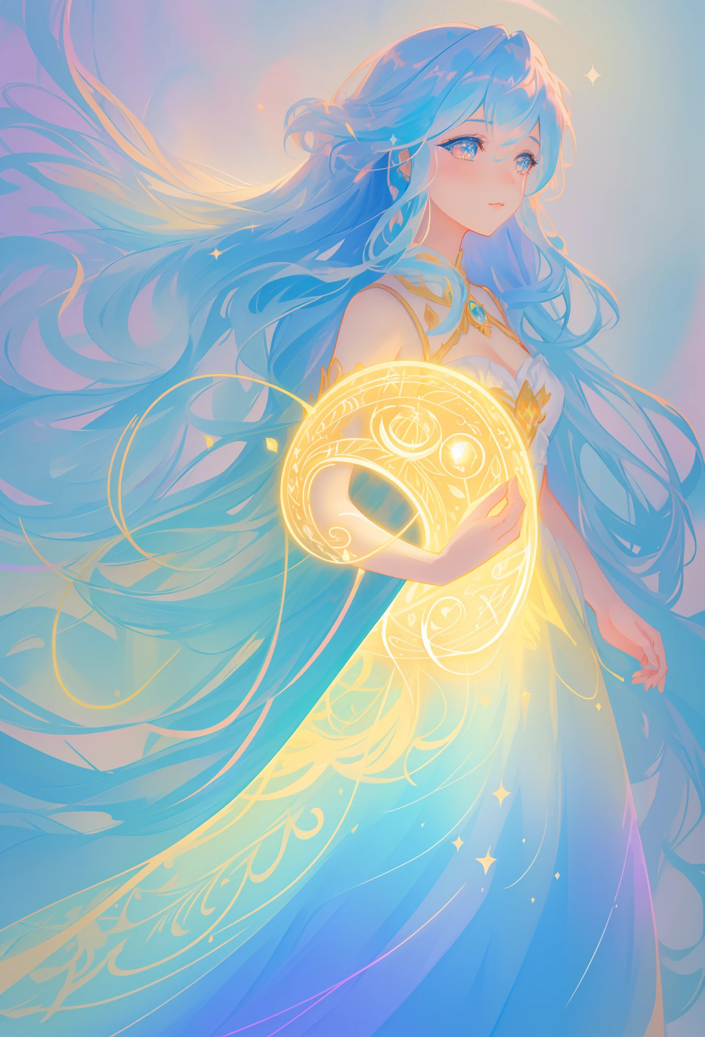 beautiful girl, flowing tiered ballgown, vibrant pastel colors, (colorful), glowing golden long hair, magical lights, sparkling magical liquid, inspired by Glen Keane, inspired by Lois van Baarle, disney art style, by Lois van Baarle, glowing aura around her, by Glen Keane, jen bartel, glowing lights! digital painting, flowing glowing hair, glowing flowing hair, beautiful digital illustration, fantasia background, whimsical, magical, fantasy, ((beautiful face)), ((masterpiece, best quality)), intricate details, highly detailed, sharp focus, 8k resolution, sparkling detailed eyes, liquid watercolor